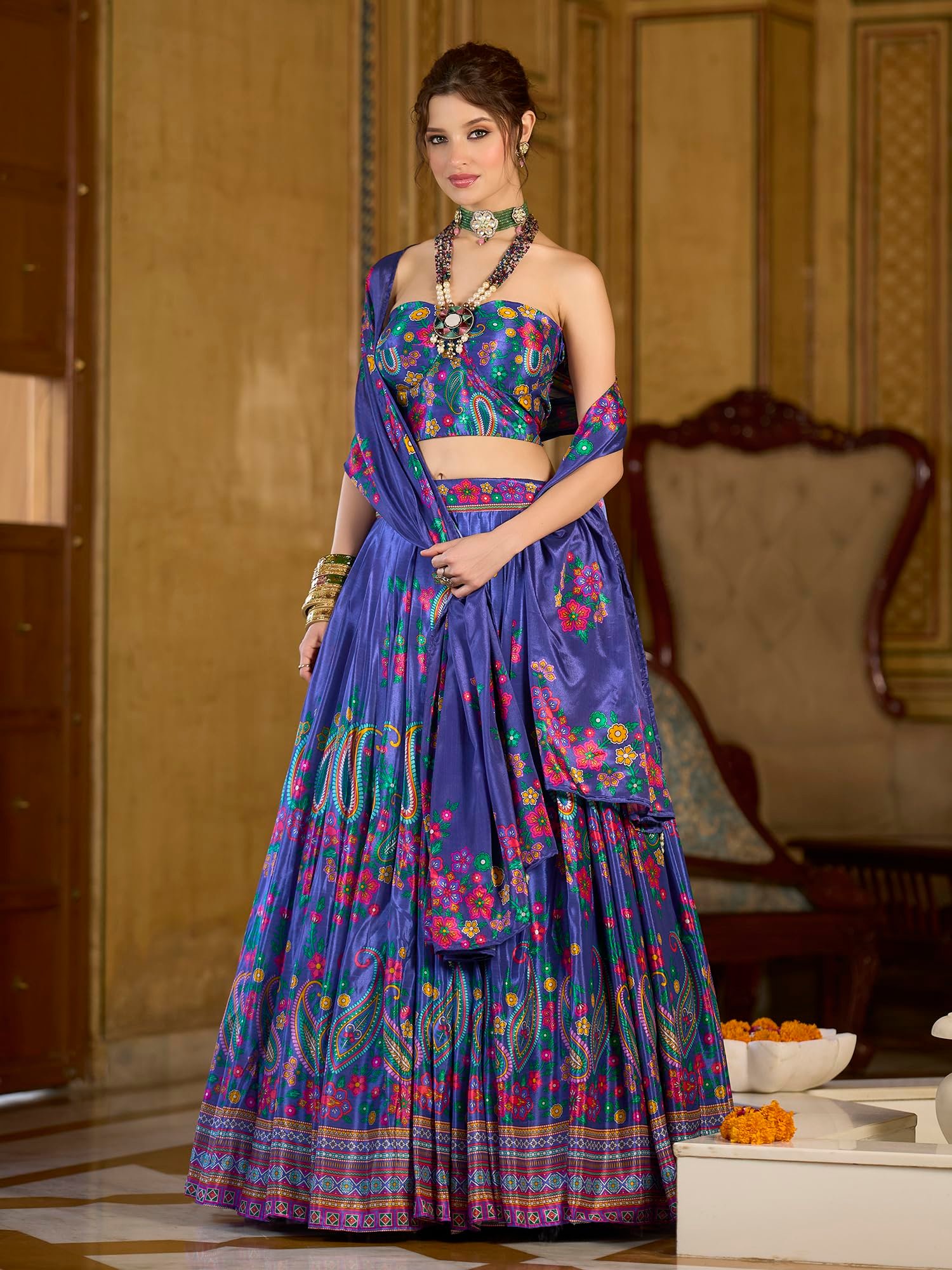 Women's Chinon/Art Silk Semi-Stitched Lehenga choli (Hiya-Blue_Free Size) - Image 2