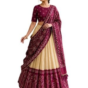 Women's Lehenga Choli Set | Dola Silk Stitched Lehenga with Foil Print, Printed Unstitched Blouse & Lace Tassel Dupatta | Navratri Wear (Wine)
