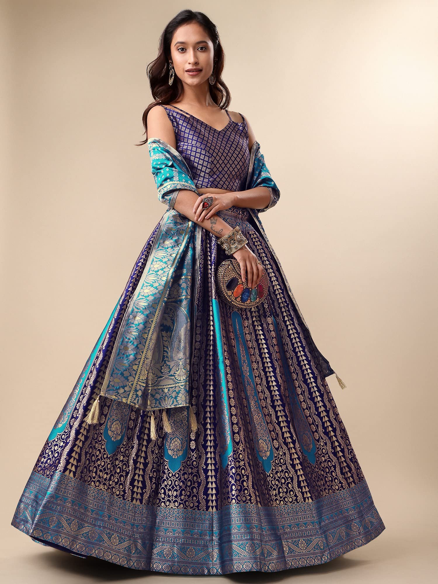 Women's Jacquard Semi-Stitched Lehenga choli (Lihaaz-Navy-Blue_Navy-Blue_Free Size) - Image 4
