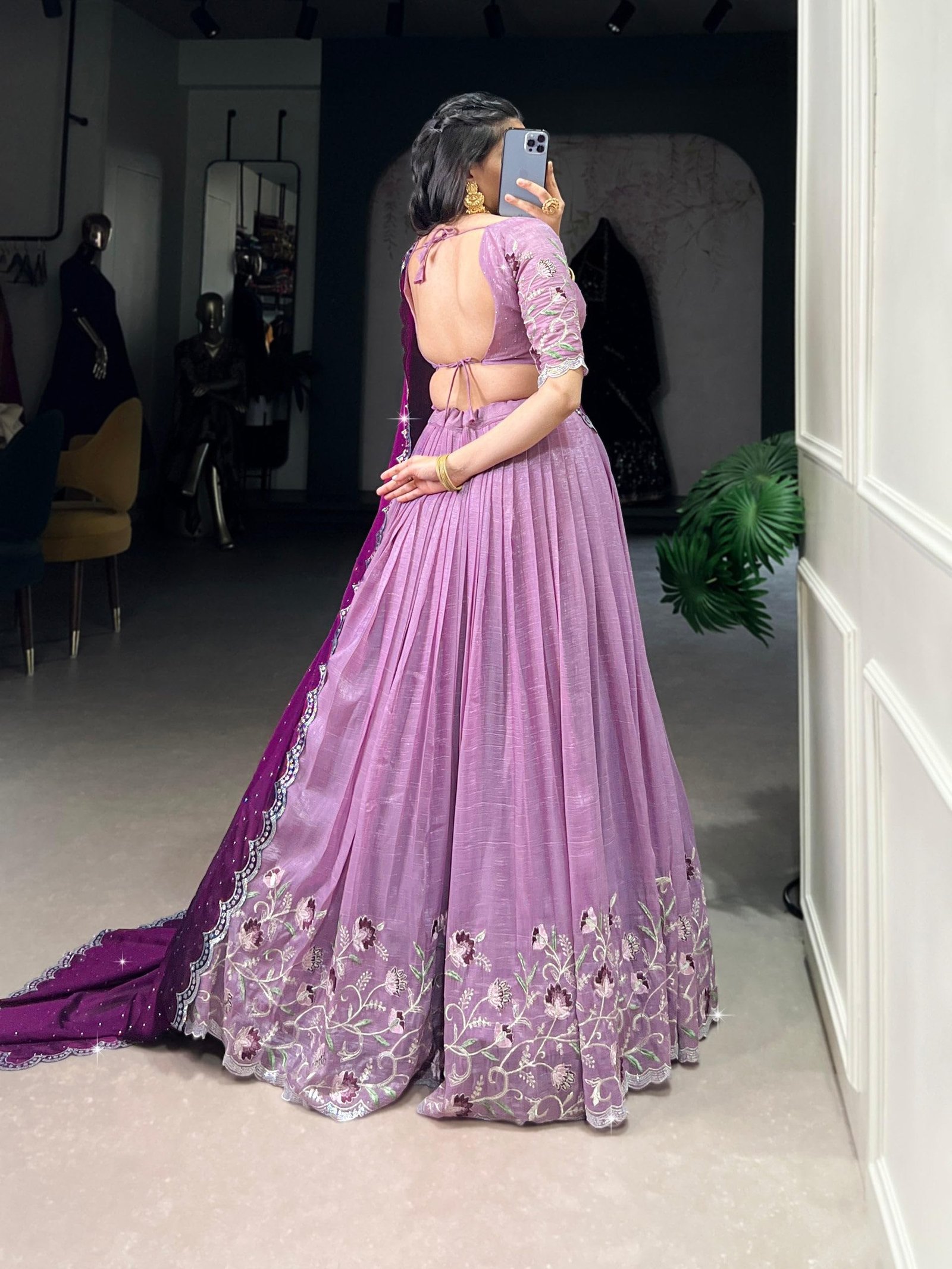 Women's Chinnon Silk Embroidered Semi Stitched Lehenga Choli With Dupatta - Image 7