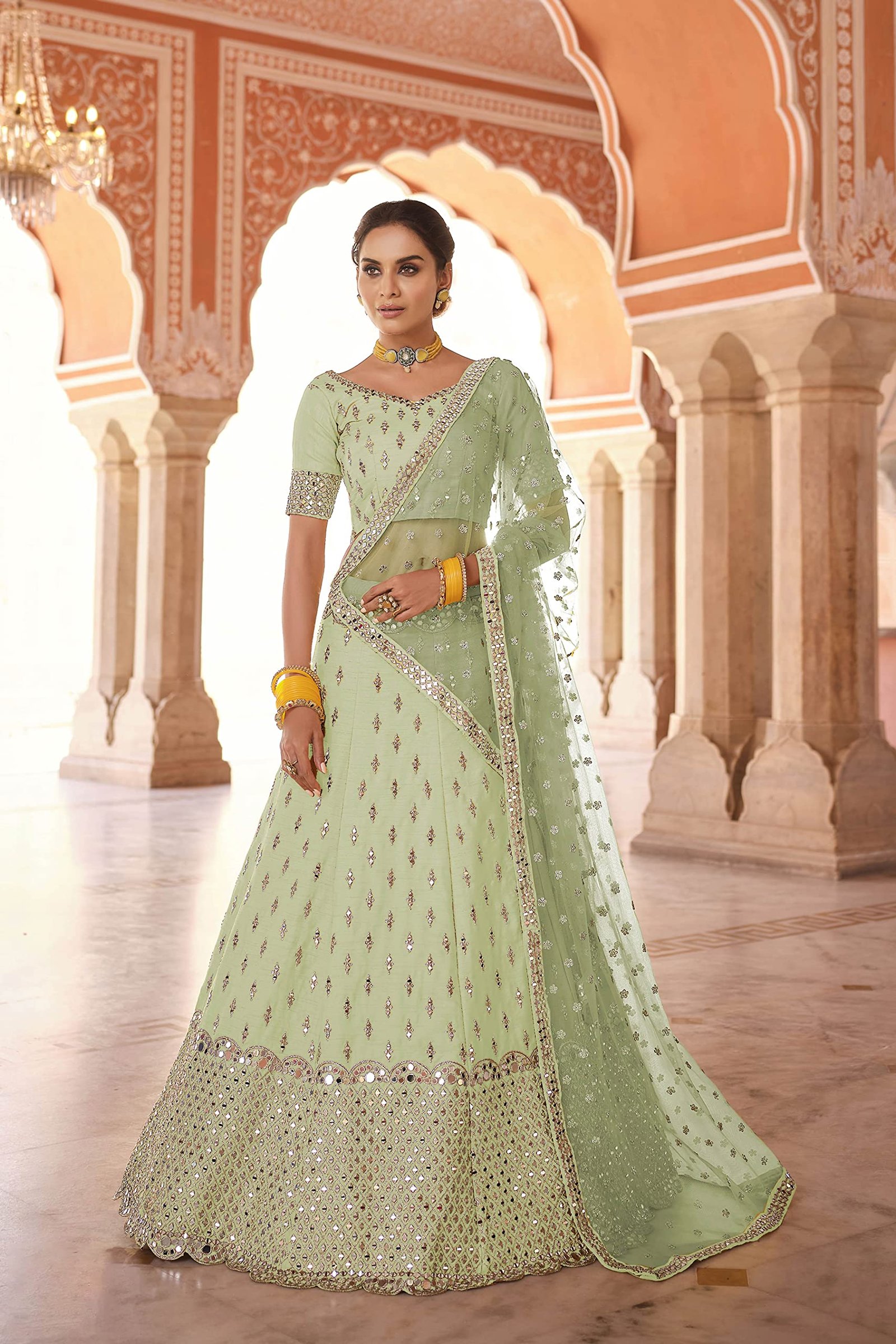 Pista Green Color Art Silk Fabric Mirror Work Lehenga Choli For Women - Image 2