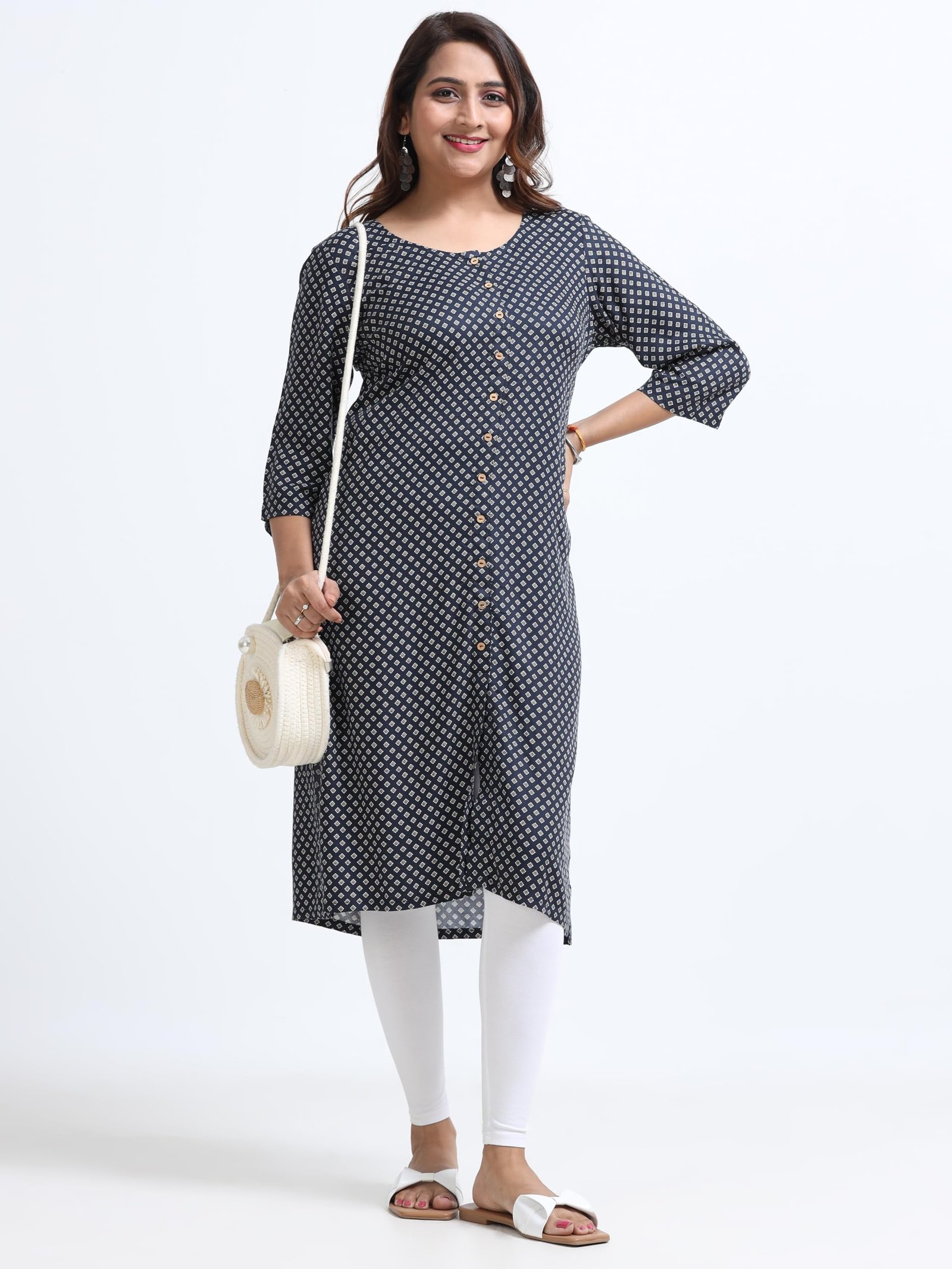 Women's Rayon Kurti - Navy Blue Printed Straight Kurta for Women - 3/4 Sleeve Ethnic Office Casual Tunic Top - Image 6