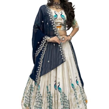 Women's Chinnon Traditional Motiff Semi-Stitched Lehenga Choli With Dupatta Set (Deer)