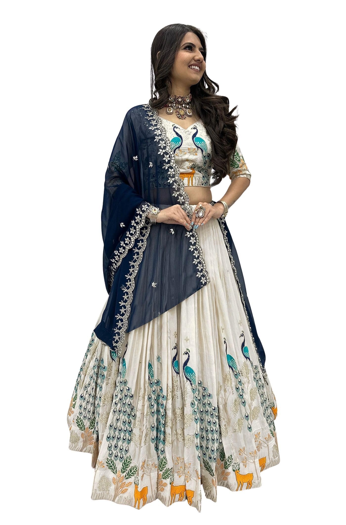 Women's Chinnon Traditional Motiff Semi-Stitched Lehenga Choli With Dupatta Set (Deer)