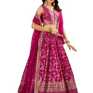 Women's Sequins Zari Embroidered Dola Silk Jacquard Lehenga Choli With Dupatta (7100-Women-Lehenga-Choli-Latest, Free size) (Rani Pink)