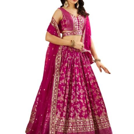 Women's Sequins Zari Embroidered Dola Silk Jacquard Lehenga Choli With Dupatta (7100-Women-Lehenga-Choli-Latest, Free size) (Rani Pink)