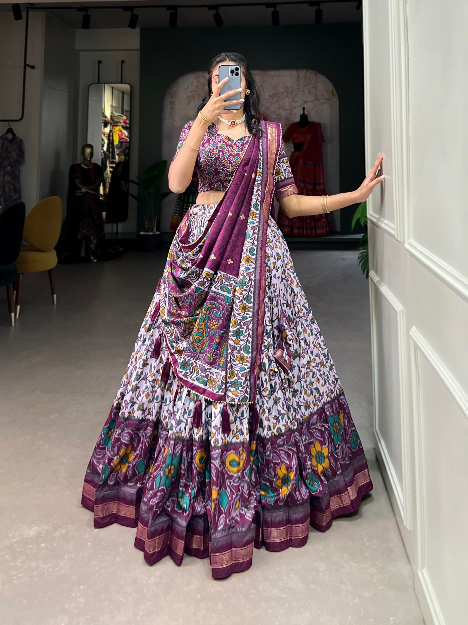 Women's Trending Designeer Tussar Silk Lehenga Choli Print with Foil Work With Unstitched Blouse Patola Print Adorned with Foil Work For Navrati || Wedding || Festival (1217 PURPLE) - Image 6