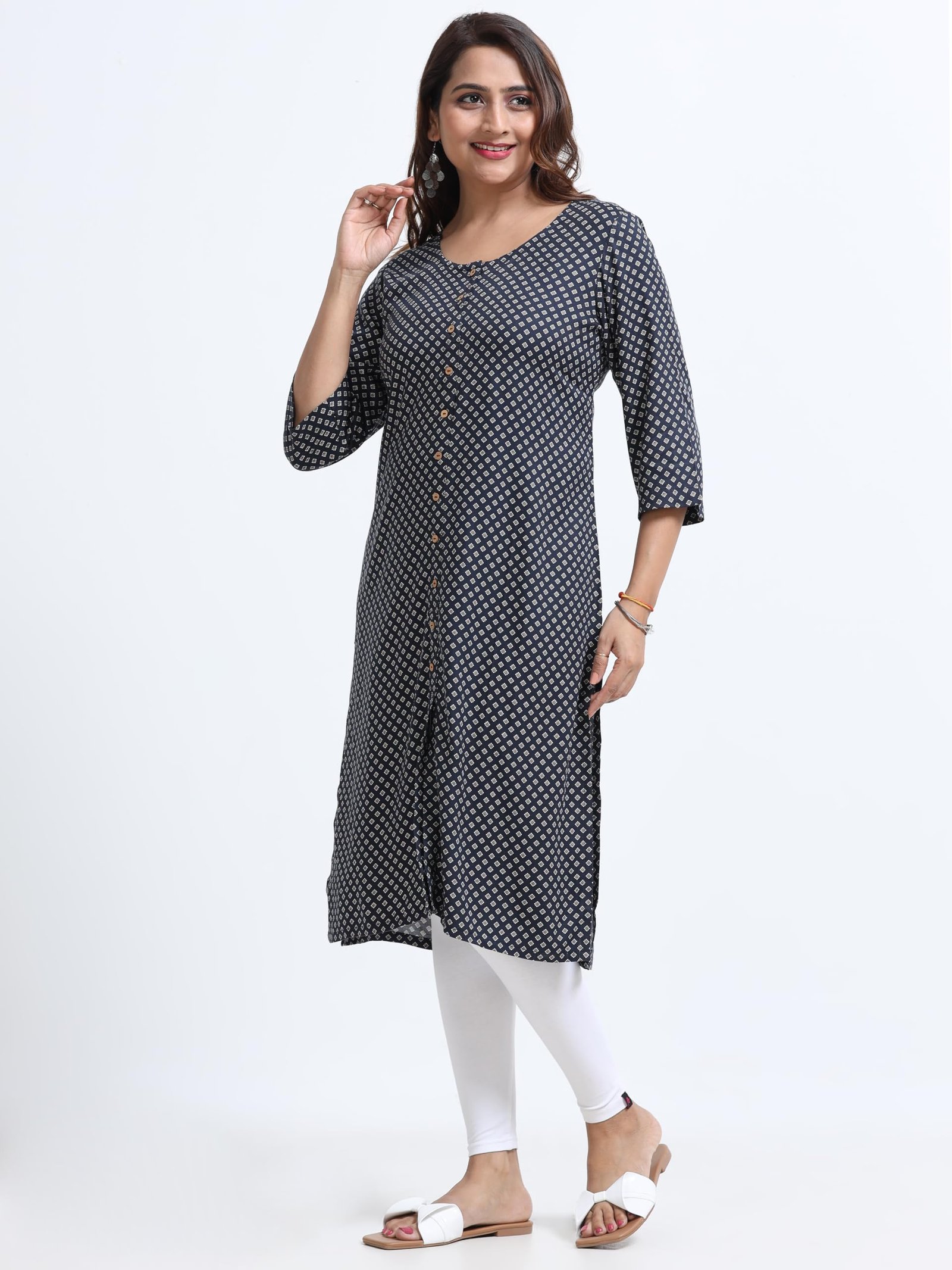 Women's Rayon Kurti - Navy Blue Printed Straight Kurta for Women - 3/4 Sleeve Ethnic Office Casual Tunic Top - Image 2