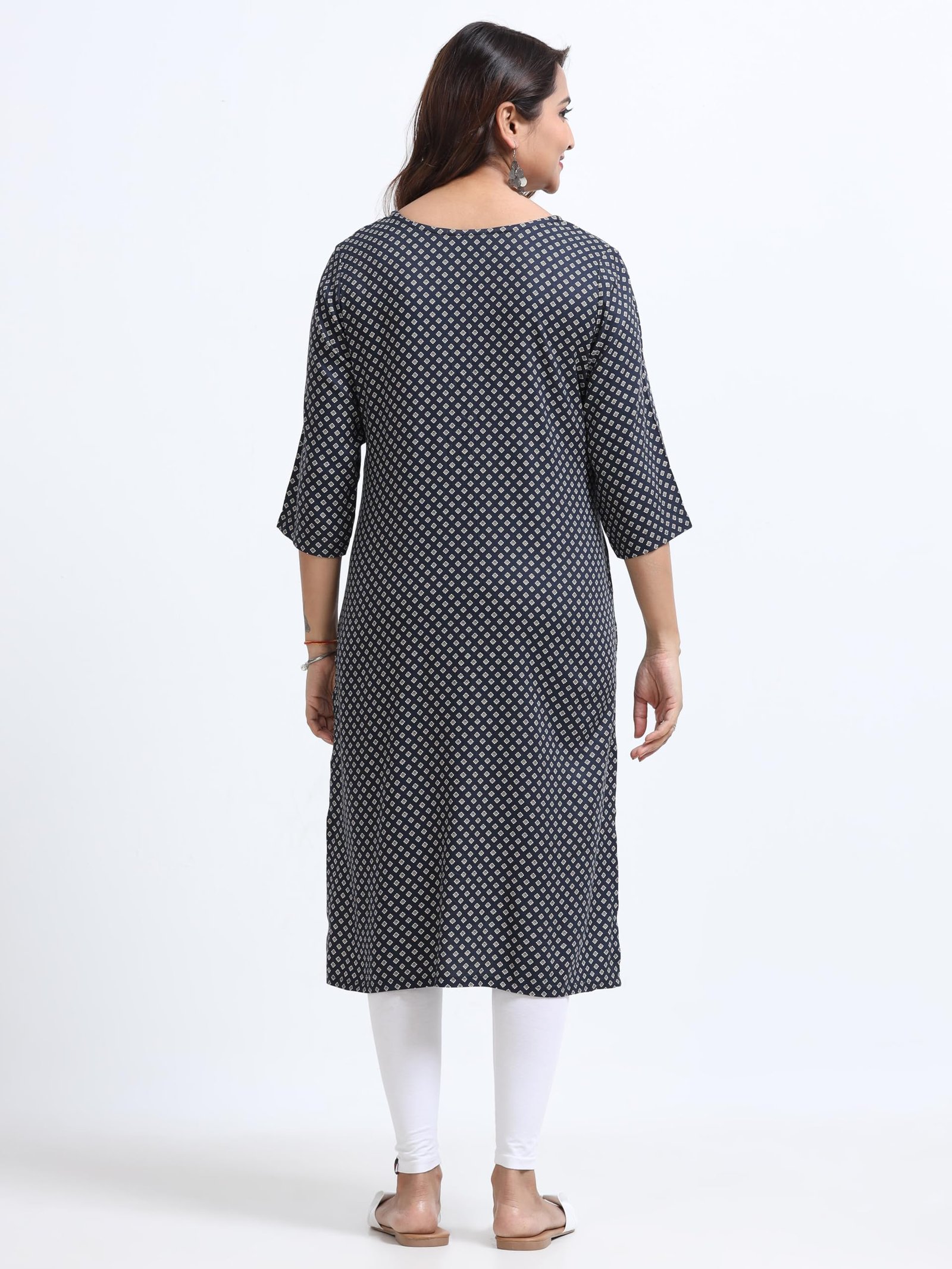 Women's Rayon Kurti - Navy Blue Printed Straight Kurta for Women - 3/4 Sleeve Ethnic Office Casual Tunic Top - Image 4