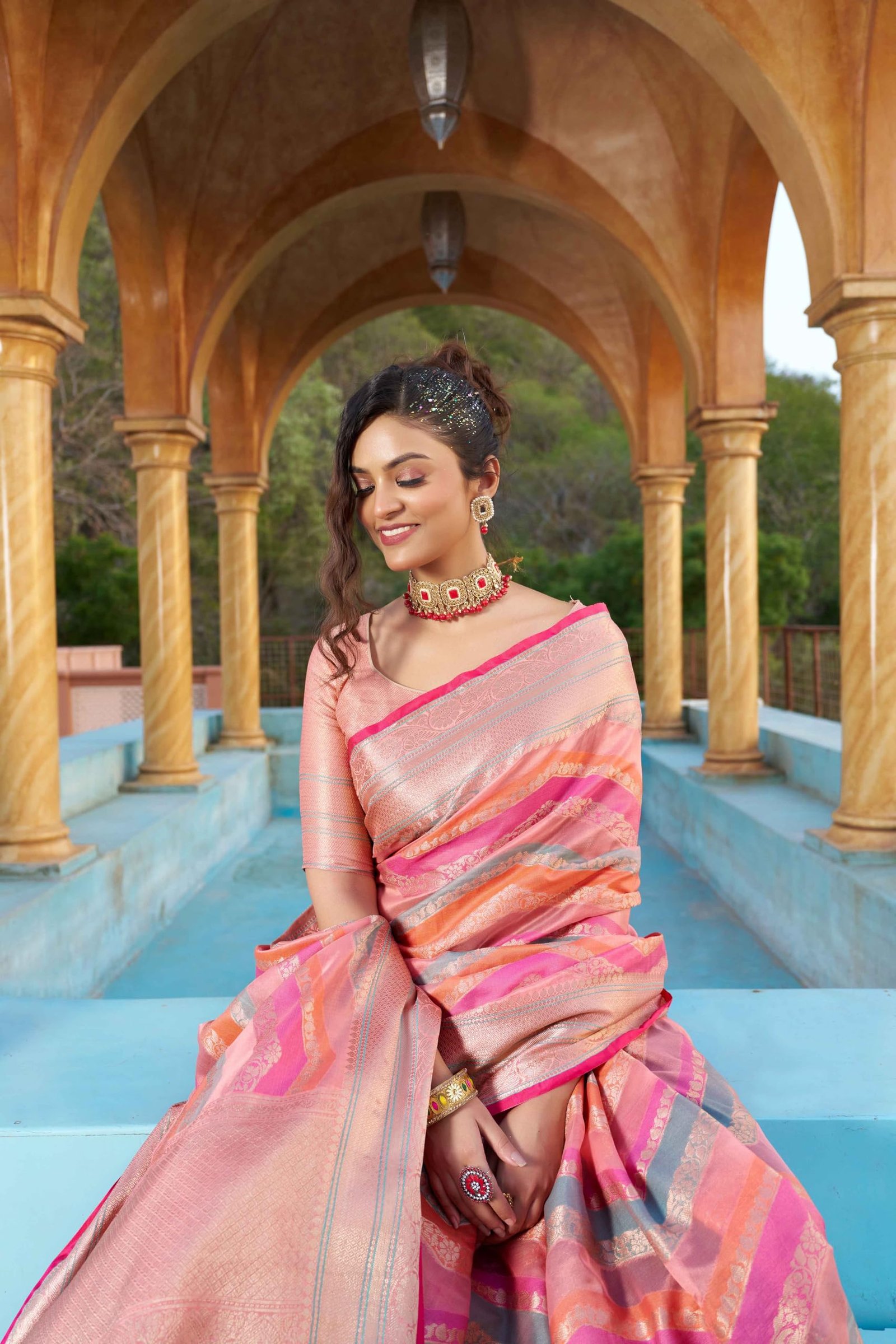 Womens Kanjivaram Banarasi Silk Saree Patola saree with Unstitched blouse piece (PEACH) - Image 8