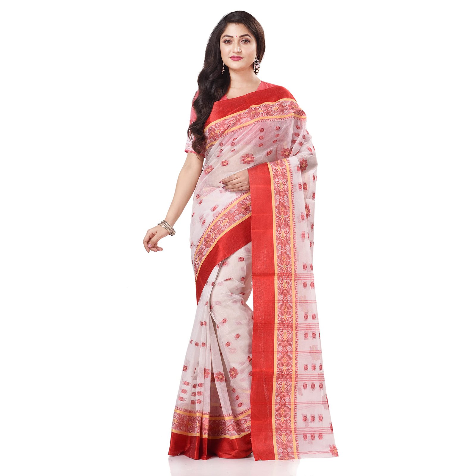 Women's Tant Cotton Saree Without Blouse Piece (Dbphulkoli060822_White Red) - Image 5