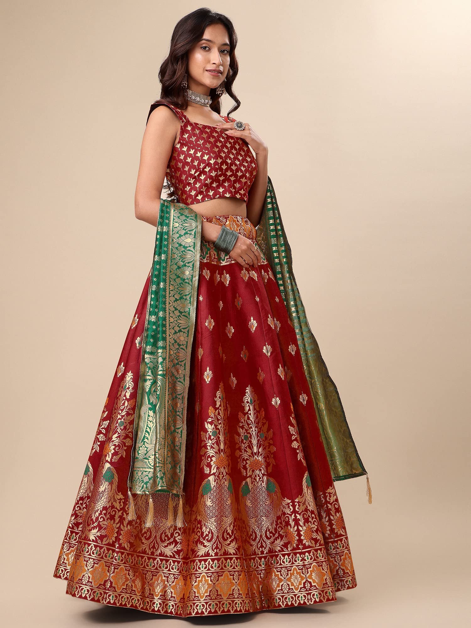 Women's Jacquard Semi-Stitched Lehenga choli (Indra-Red_Red_Free Size) - Image 4