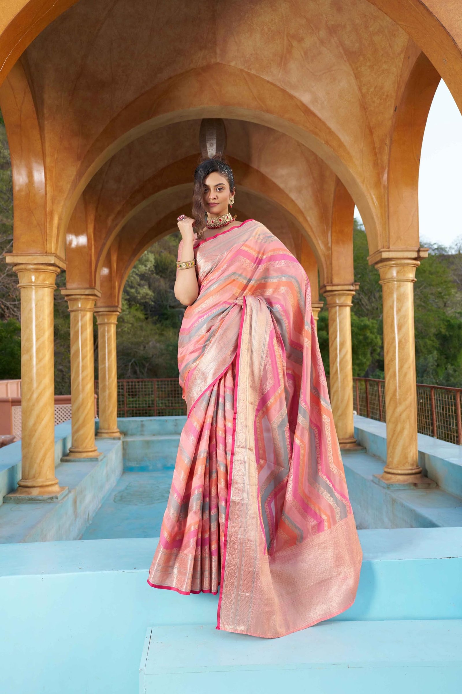 Womens Kanjivaram Banarasi Silk Saree Patola saree with Unstitched blouse piece (PEACH) - Image 3