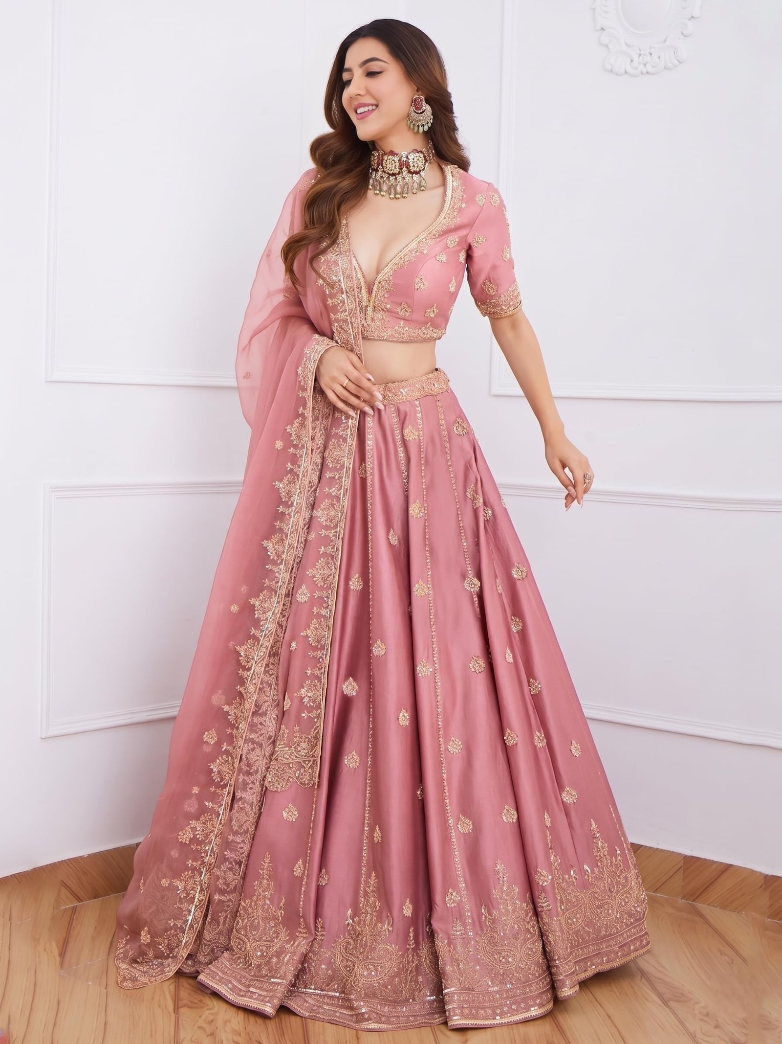 Women’s Bridal Silk Lehenga Choli Set with Intricate Embroidery and Dupatta for Wedding Reception Festive Celebration (Pink) - Image 2