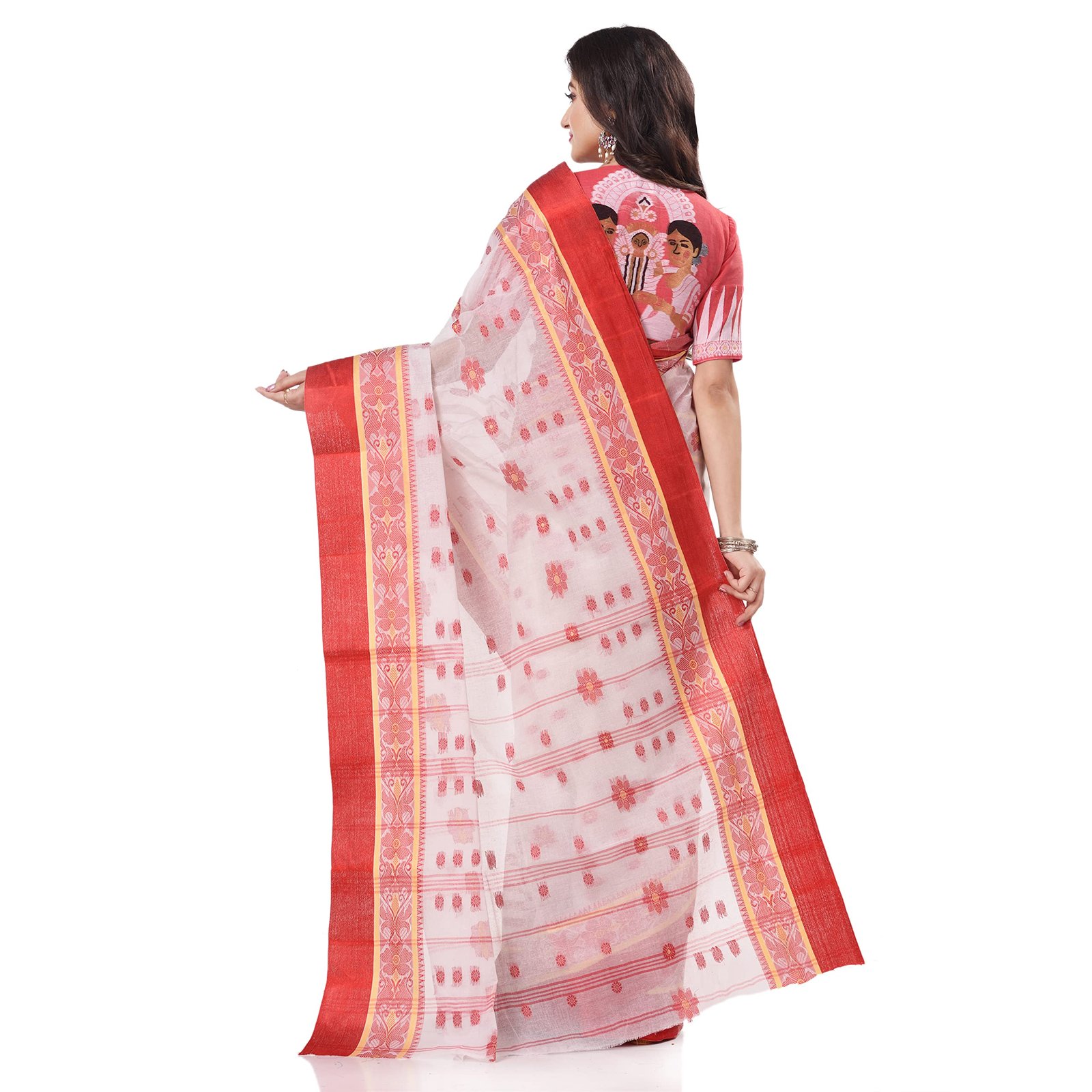 Women's Tant Cotton Saree Without Blouse Piece (Dbphulkoli060822_White Red) - Image 2
