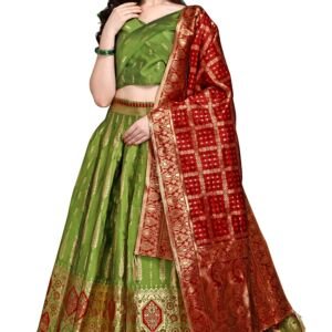 Women's Jacquard Semi-Stitched Lehenga choli (Swastik-Mehendi_Mehendi_Free Size)