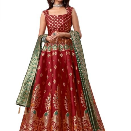 Women's Jacquard Semi-Stitched Lehenga choli (Indra-Red_Red_Free Size)