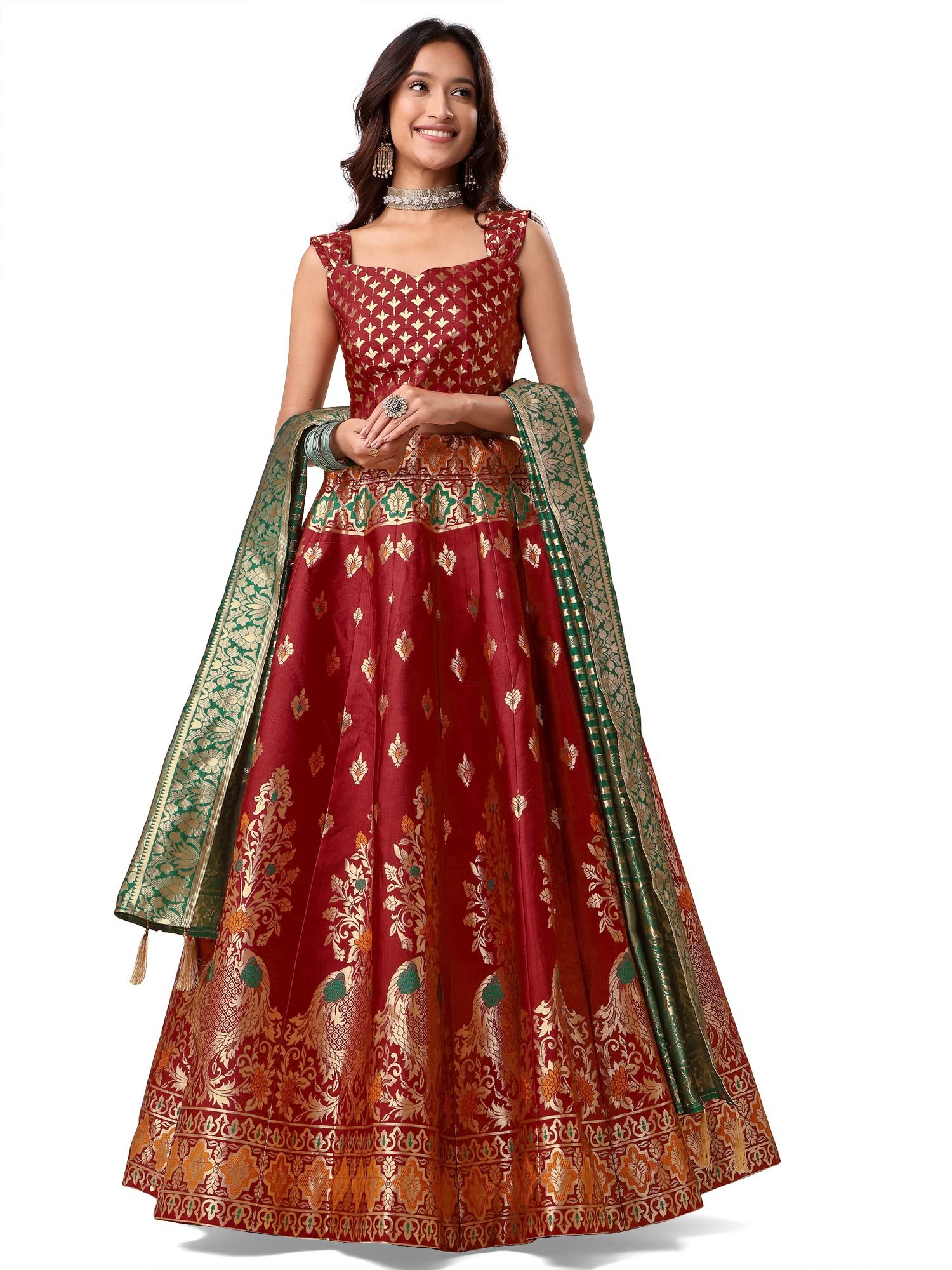 Women's Jacquard Semi-Stitched Lehenga choli (Indra-Red_Red_Free Size)