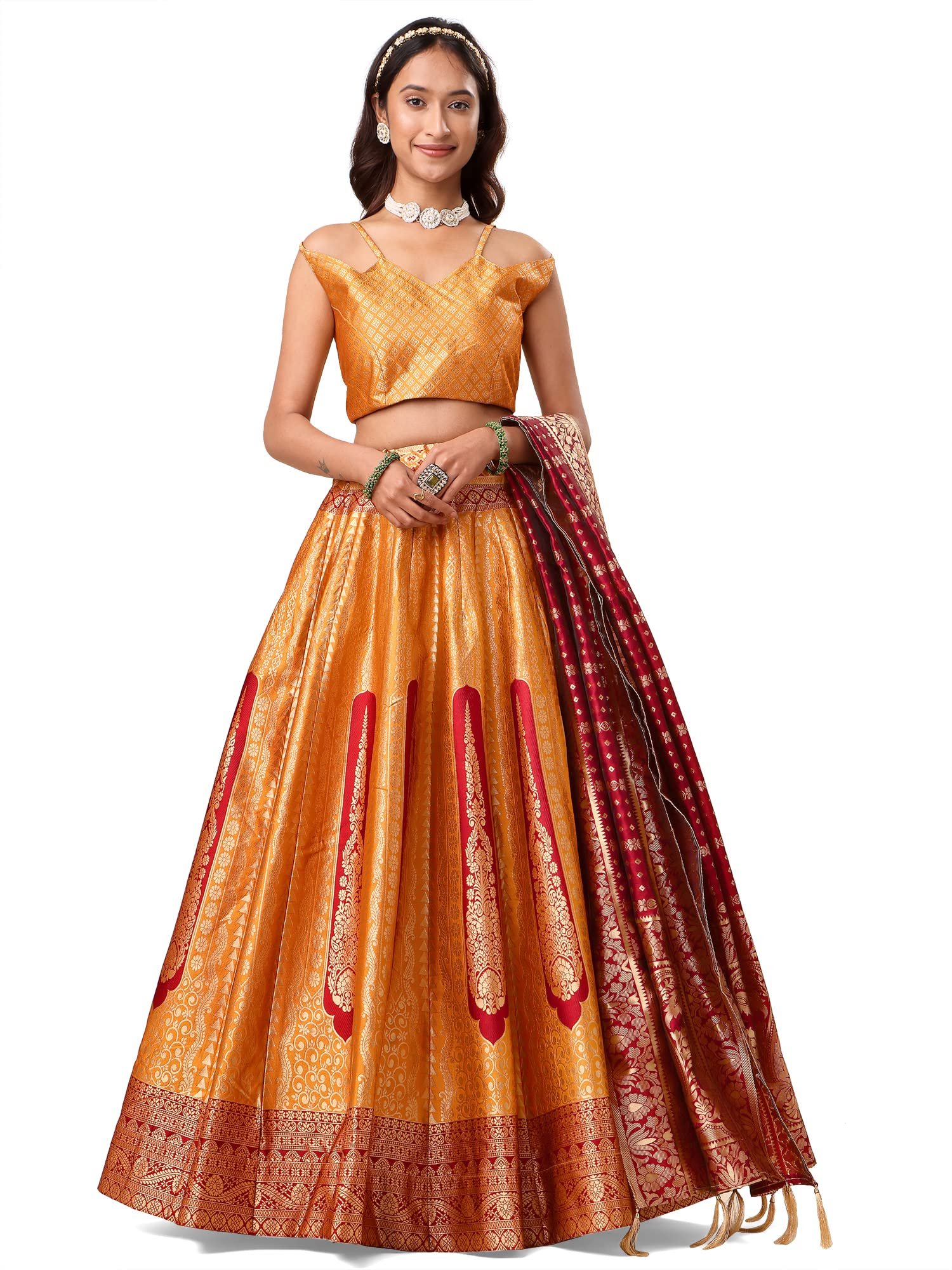 Women's Jacquard Semi-Stitched Lehenga choli (Lihaaz-Yellow_Yellow_Free Size)