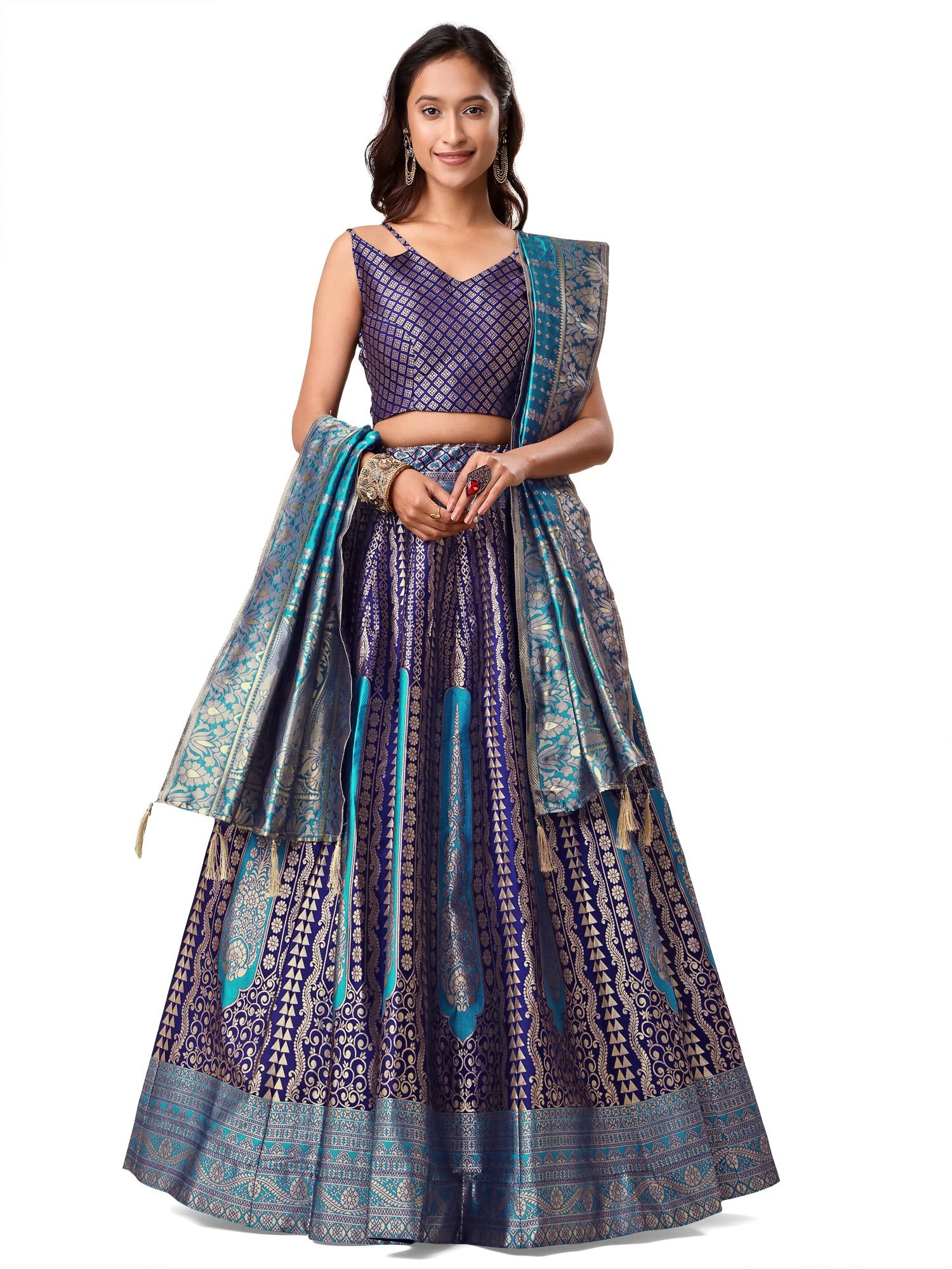 Women's Jacquard Semi-Stitched Lehenga choli (Lihaaz-Navy-Blue_Navy-Blue_Free Size)