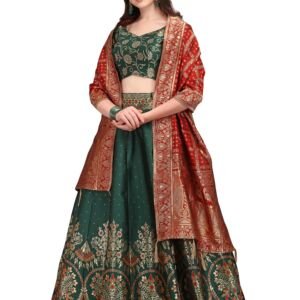 Women's Jacquard Semi-Stitched Lehenga choli (Arambh-D-Green_Green_Free Size)