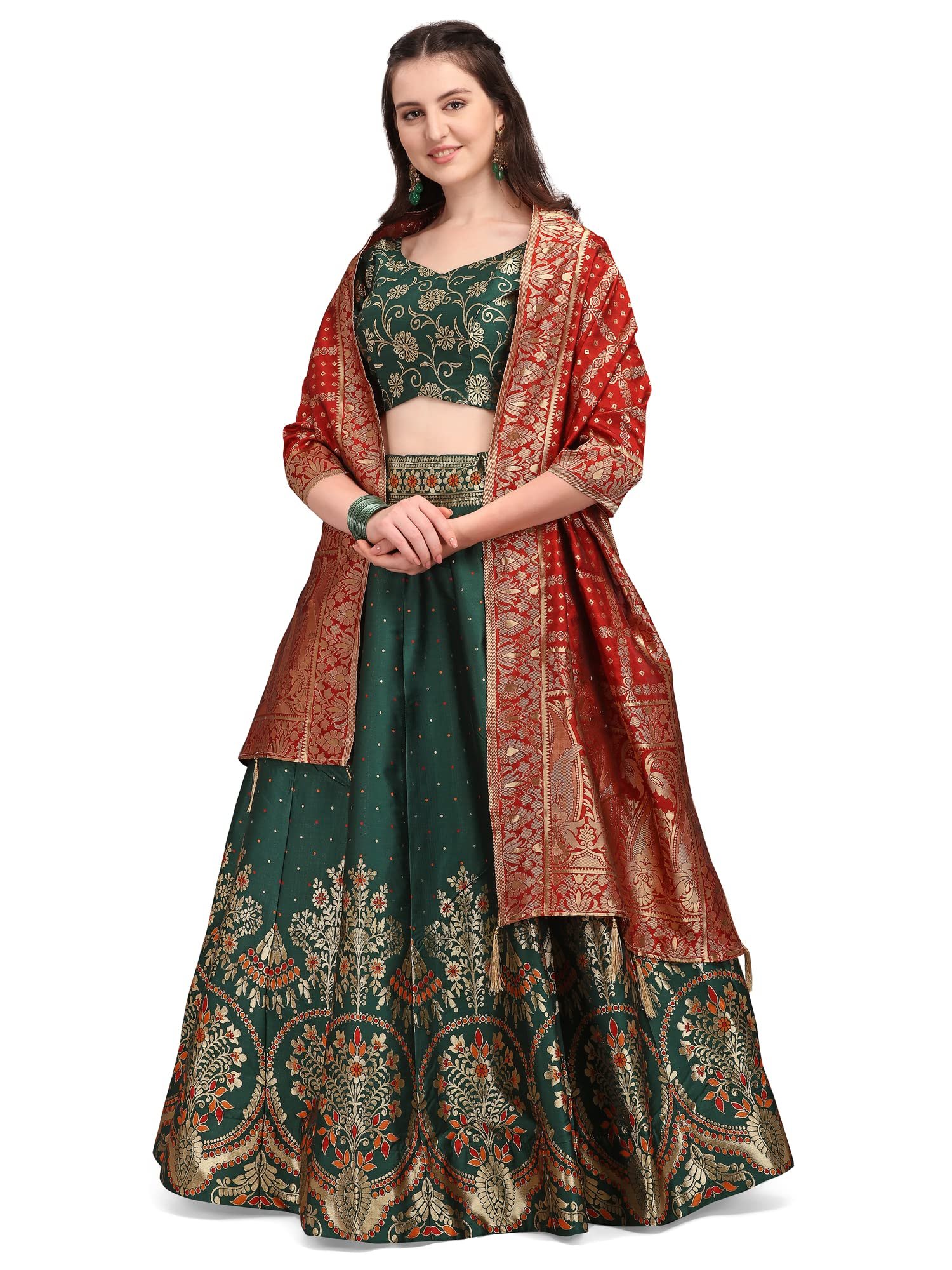 Women's Jacquard Semi-Stitched Lehenga choli (Arambh-D-Green_Green_Free Size)