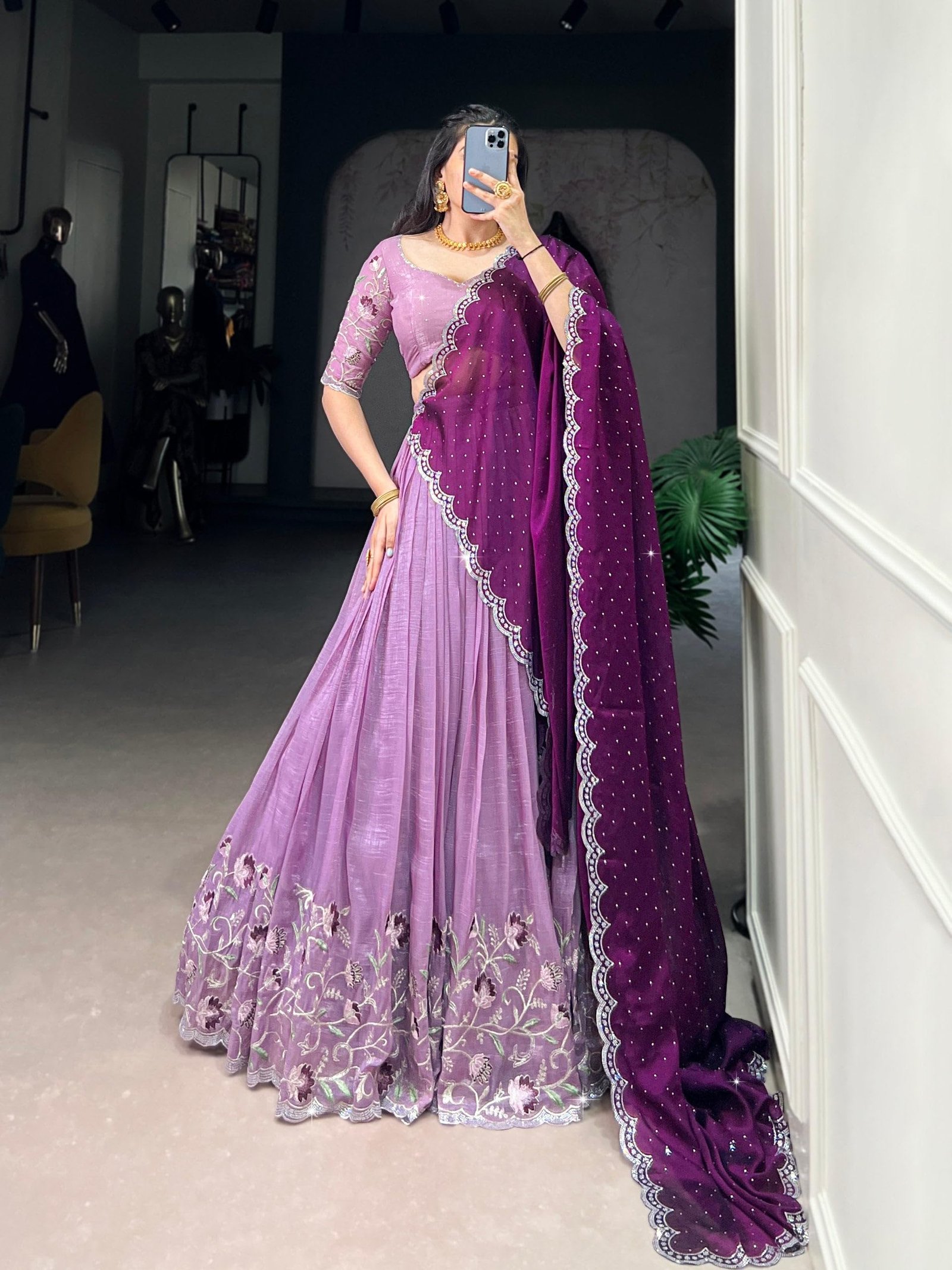 Women's Chinnon Silk Embroidered Semi Stitched Lehenga Choli With Dupatta - Image 2