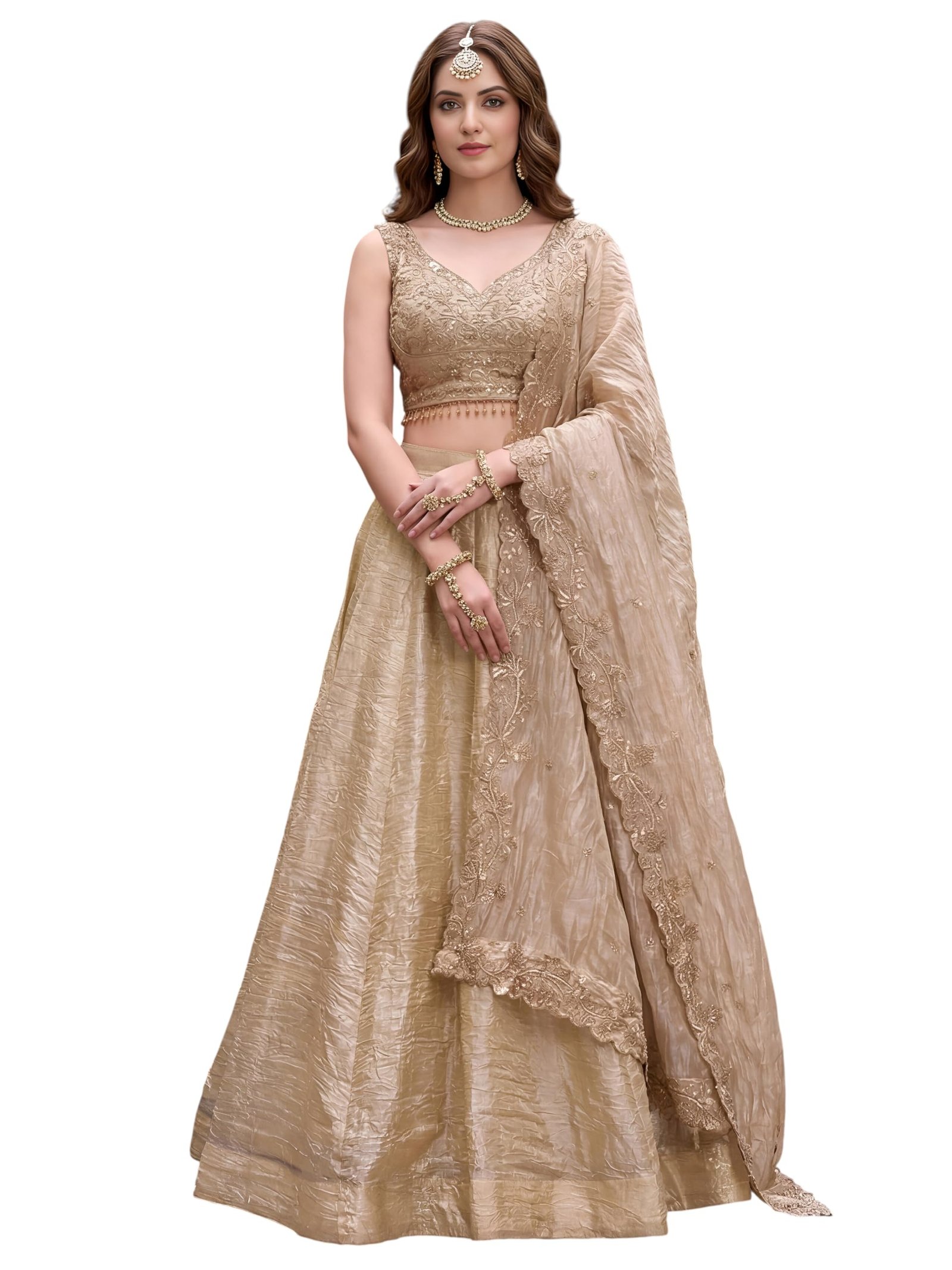 Women's Zari Sequins Embroidered Work Crush Silk Lehenga Choli With Dupatta (5136-Golden-Women-Lehenga-Choli-Latest; Free size)