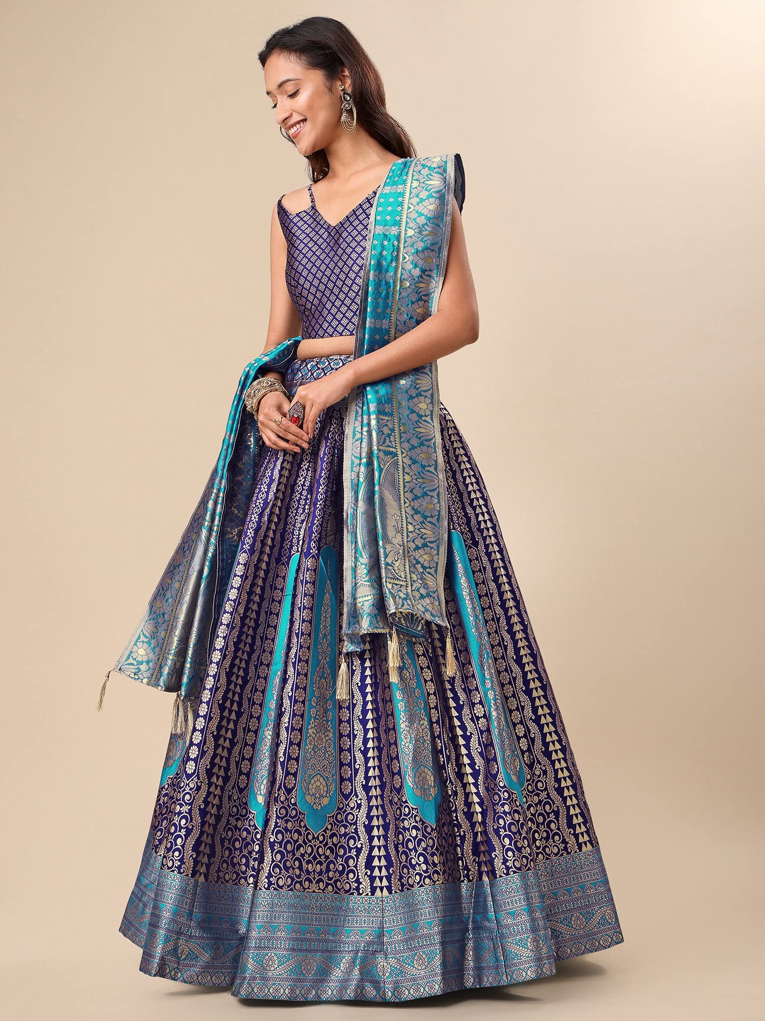 Women's Jacquard Semi-Stitched Lehenga choli (Lihaaz-Navy-Blue_Navy-Blue_Free Size) - Image 2