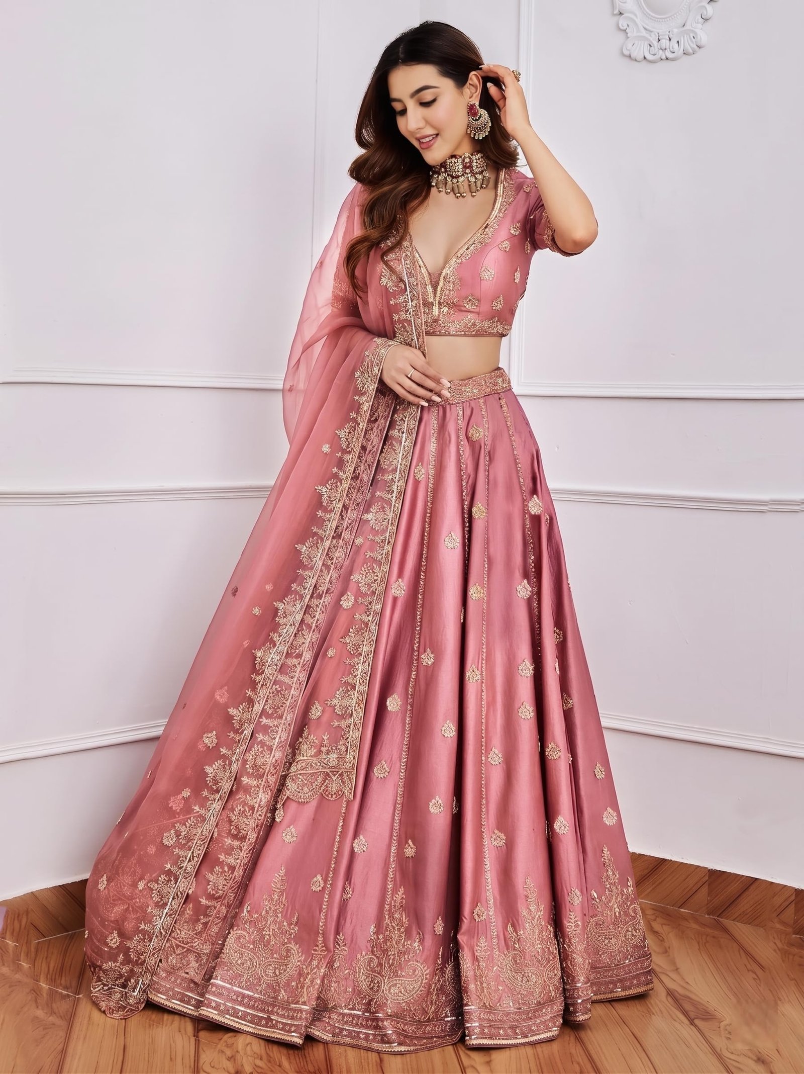 Women’s Bridal Silk Lehenga Choli Set with Intricate Embroidery and Dupatta for Wedding Reception Festive Celebration (Pink) - Image 4