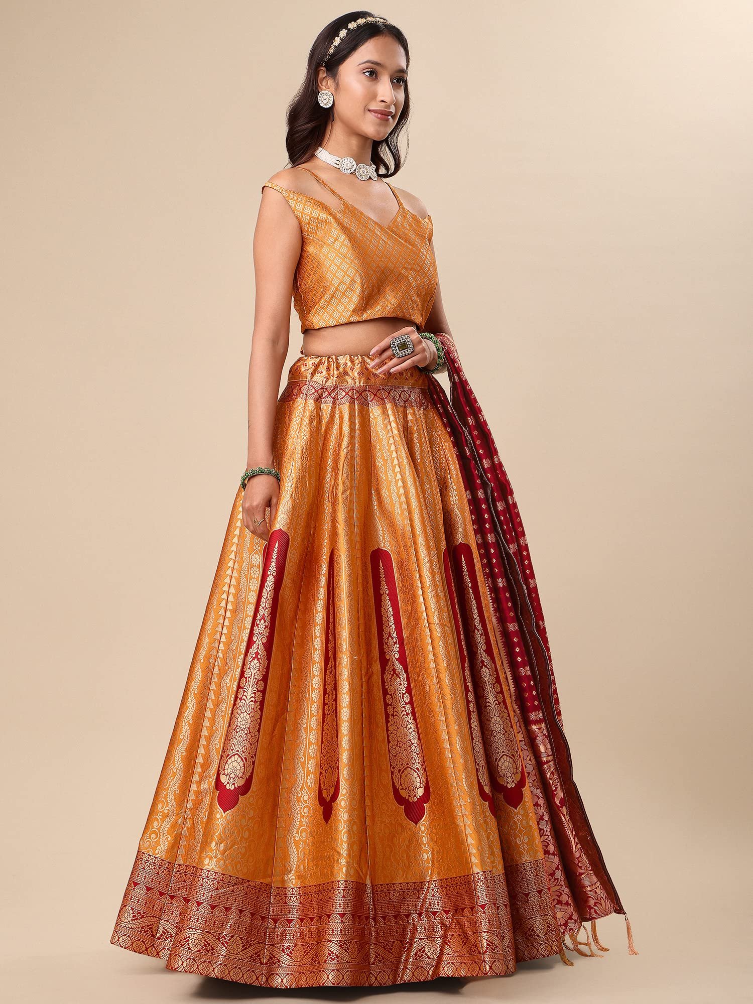 Women's Jacquard Semi-Stitched Lehenga choli (Lihaaz-Yellow_Yellow_Free Size) - Image 2