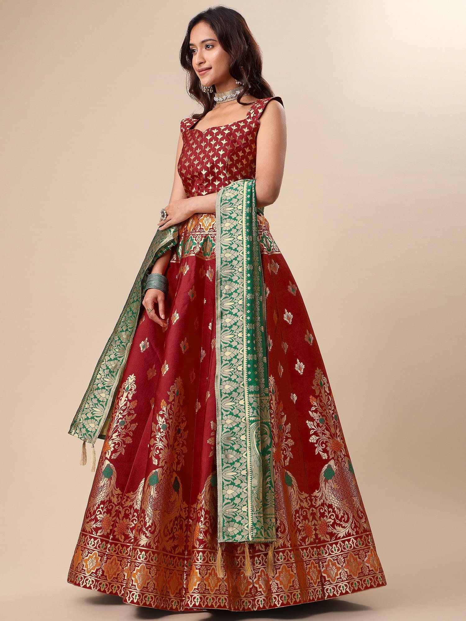 Women's Jacquard Semi-Stitched Lehenga choli (Indra-Red_Red_Free Size) - Image 2