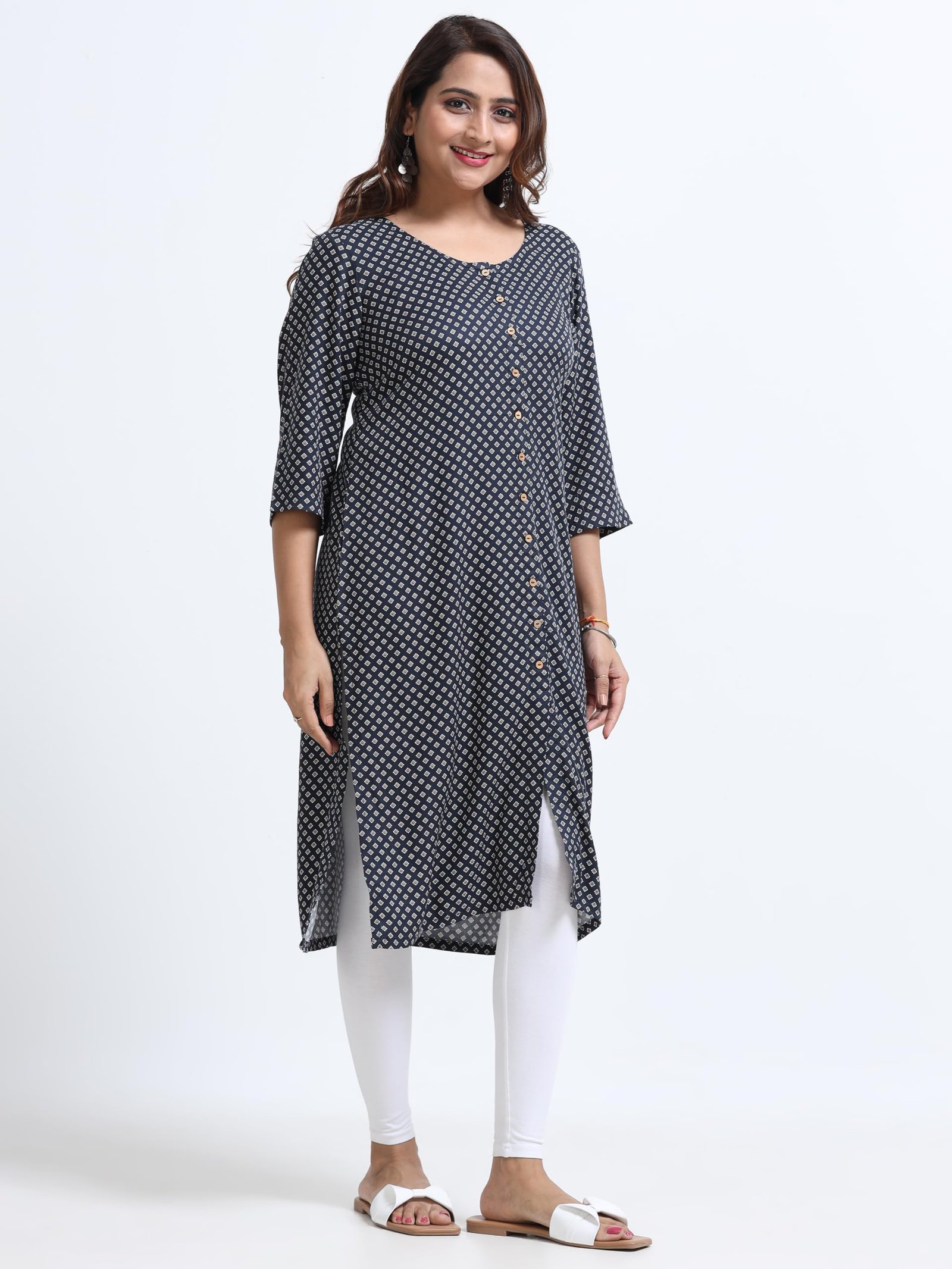 Women's Rayon Kurti - Navy Blue Printed Straight Kurta for Women - 3/4 Sleeve Ethnic Office Casual Tunic Top - Image 3