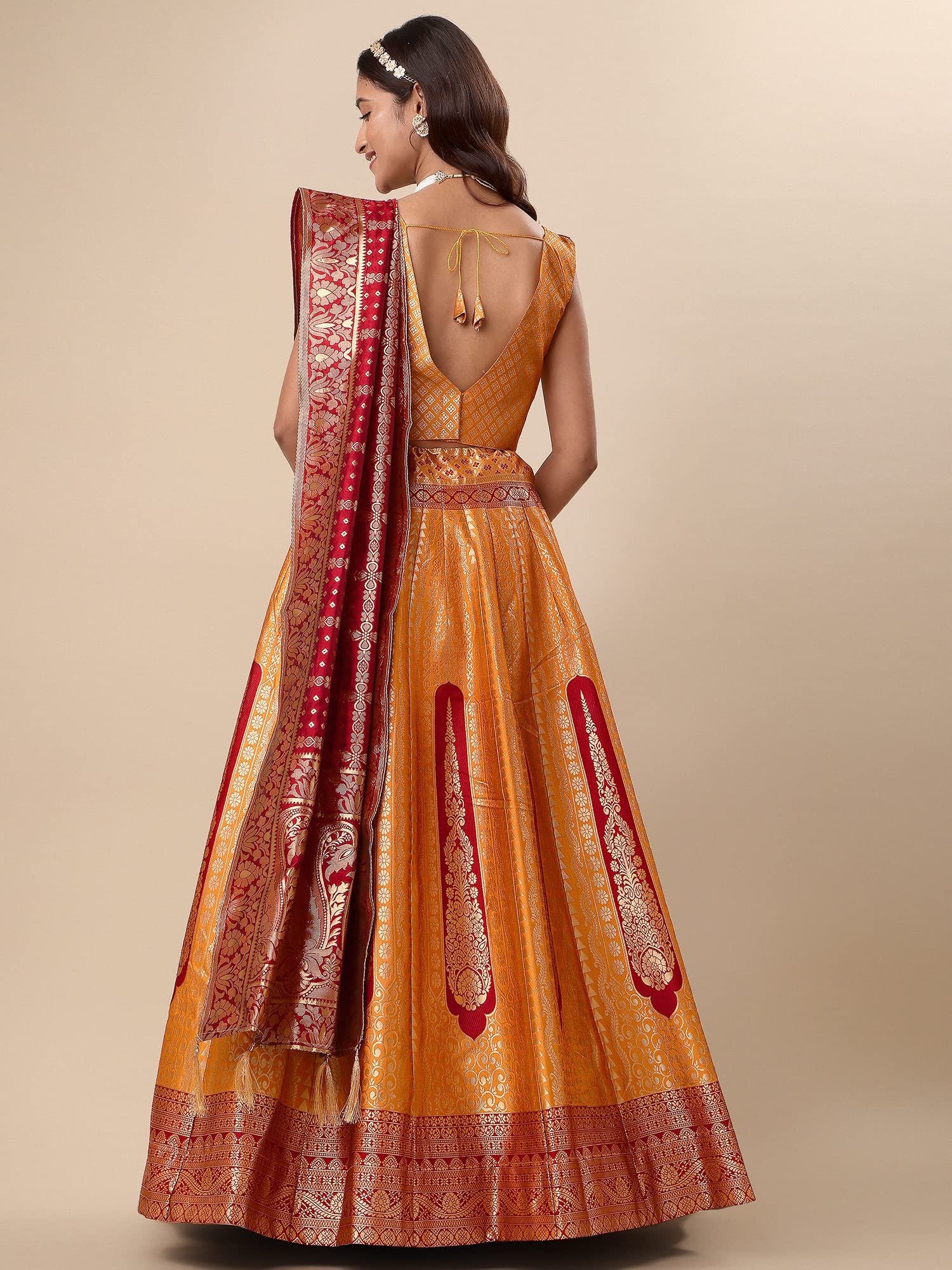 Women's Jacquard Semi-Stitched Lehenga choli (Lihaaz-Yellow_Yellow_Free Size) - Image 3