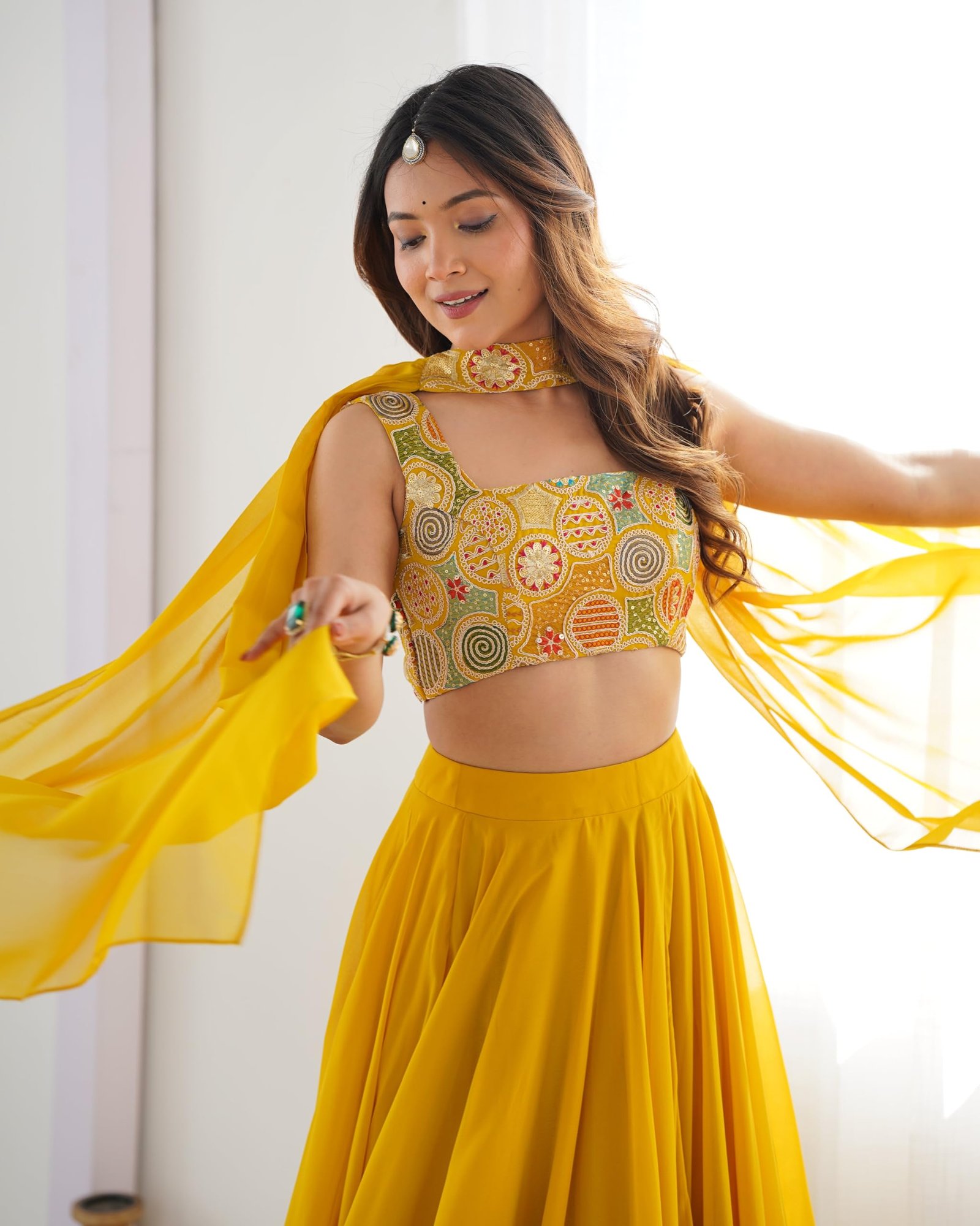 Women’s stitched Lehenga Choli Set with Dupatta | Festive Designer Outfit (Standard, Yellow) - Image 8