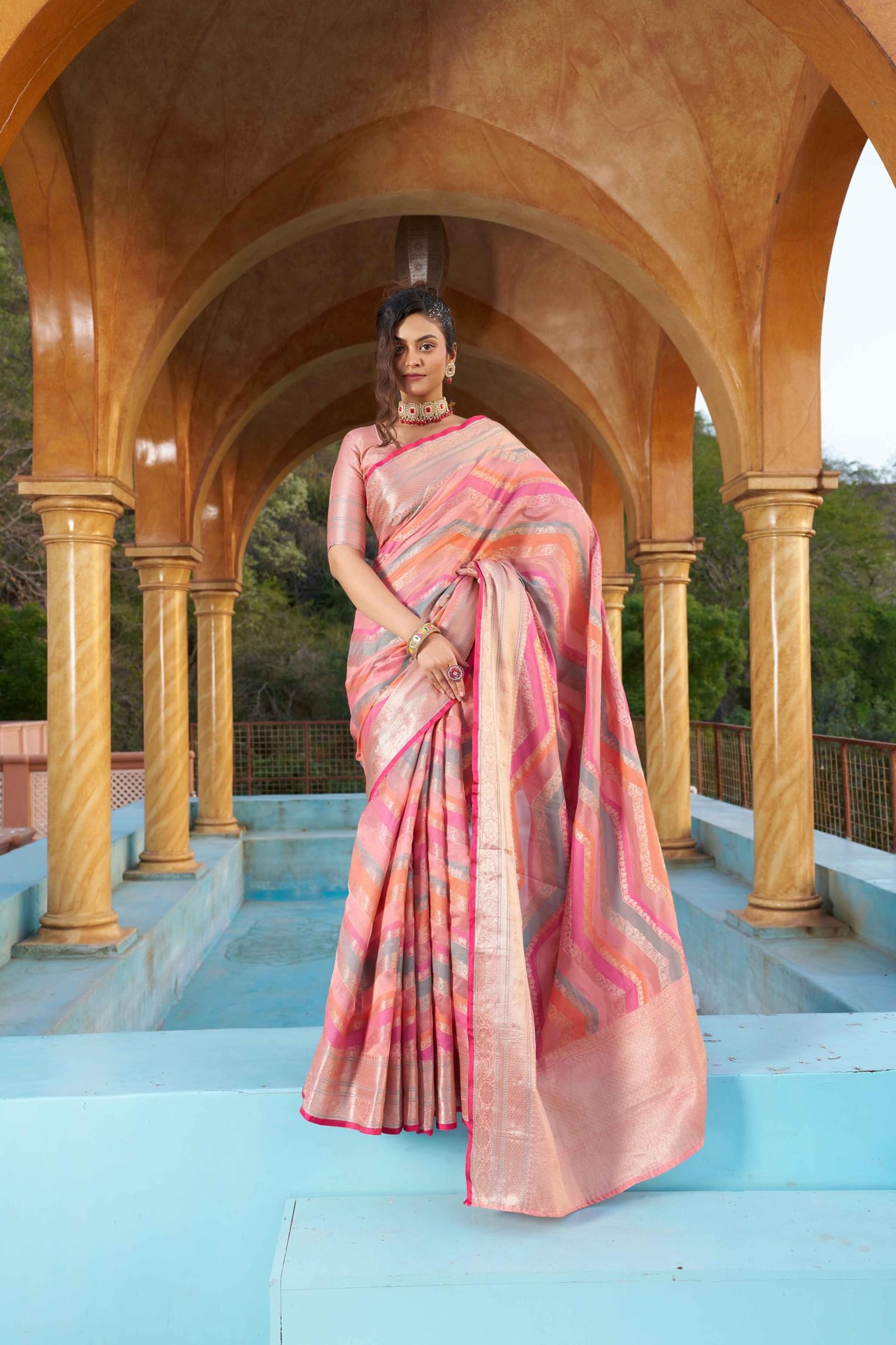 Womens Kanjivaram Banarasi Silk Saree Patola saree with Unstitched blouse piece (PEACH) - Image 2