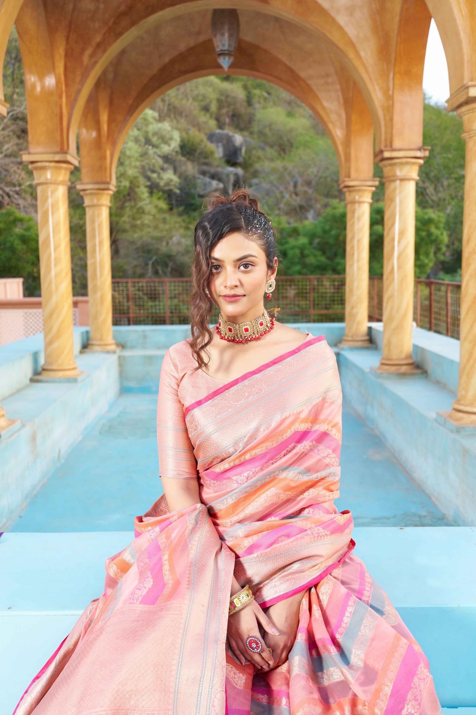 Womens Kanjivaram Banarasi Silk Saree Patola saree with Unstitched blouse piece (PEACH) - Image 7