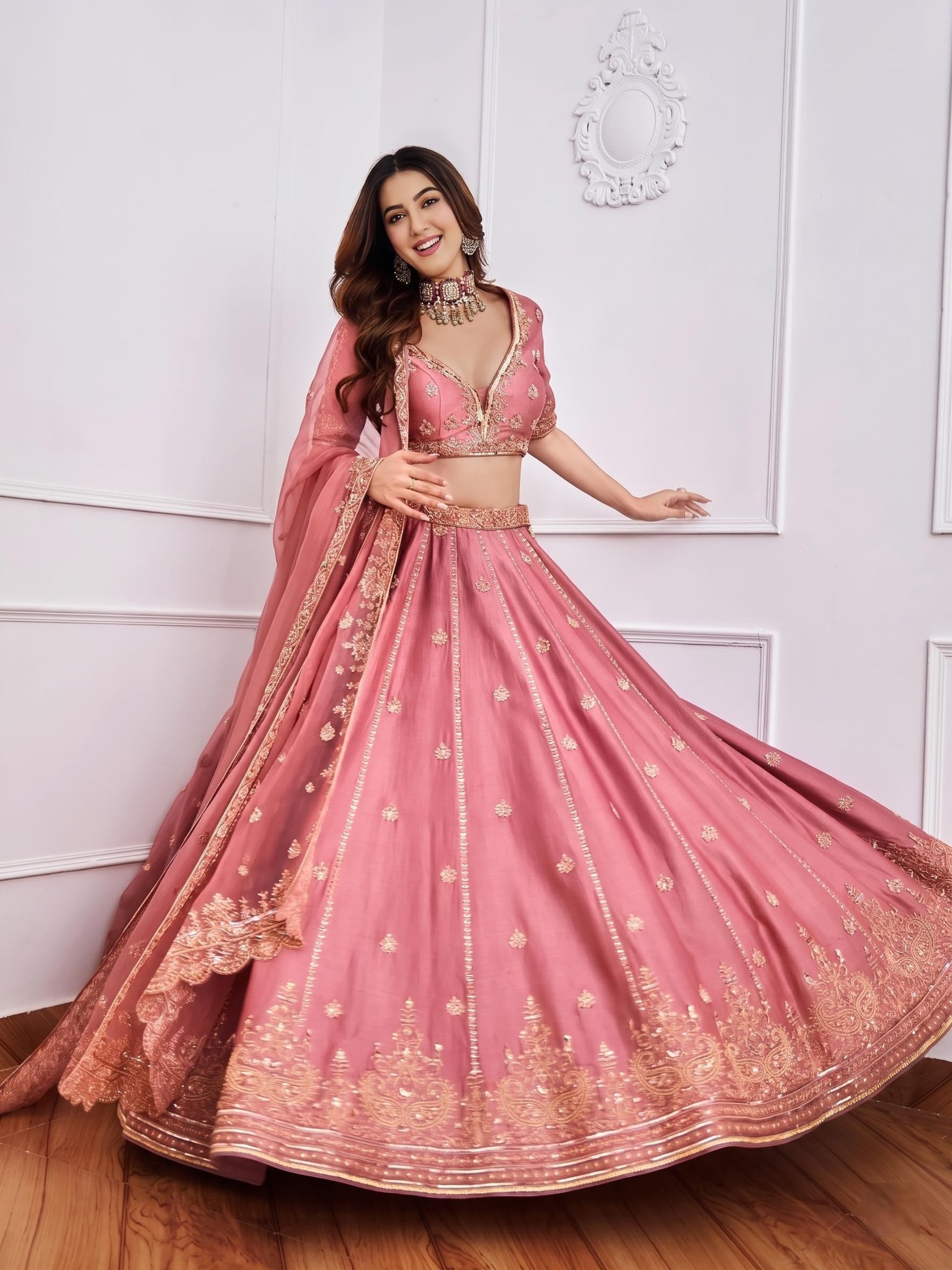 Women’s Bridal Silk Lehenga Choli Set with Intricate Embroidery and Dupatta for Wedding Reception Festive Celebration (Pink) - Image 7