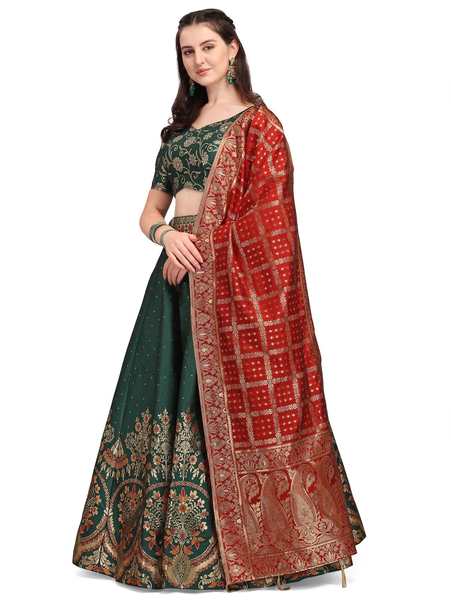 Women's Jacquard Semi-Stitched Lehenga choli (Arambh-D-Green_Green_Free Size) - Image 3