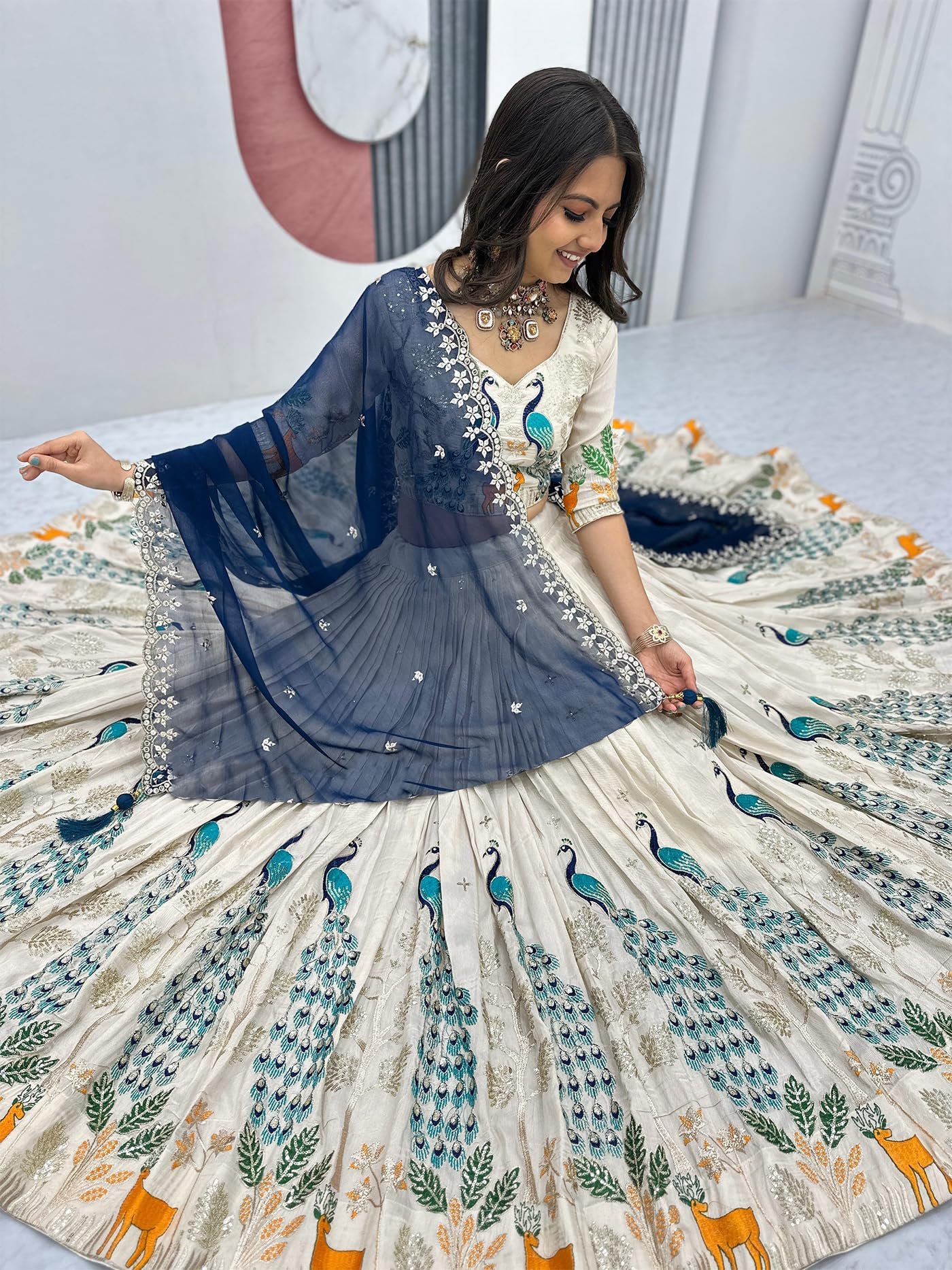 Women's Chinnon Traditional Motiff Semi-Stitched Lehenga Choli With Dupatta Set (Deer) - Image 3