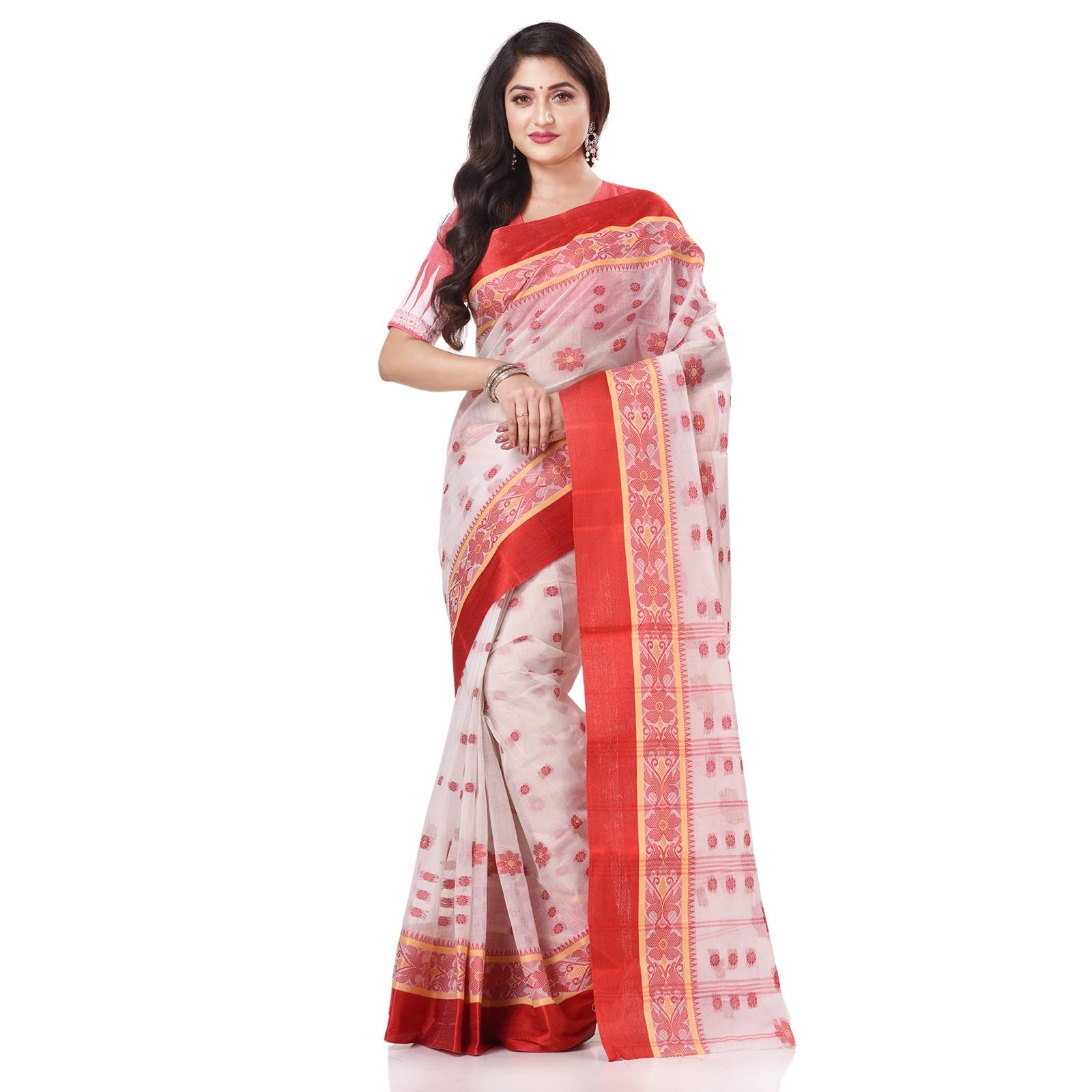Women's Tant Cotton Saree Without Blouse Piece (Dbphulkoli060822_White Red) - Image 6