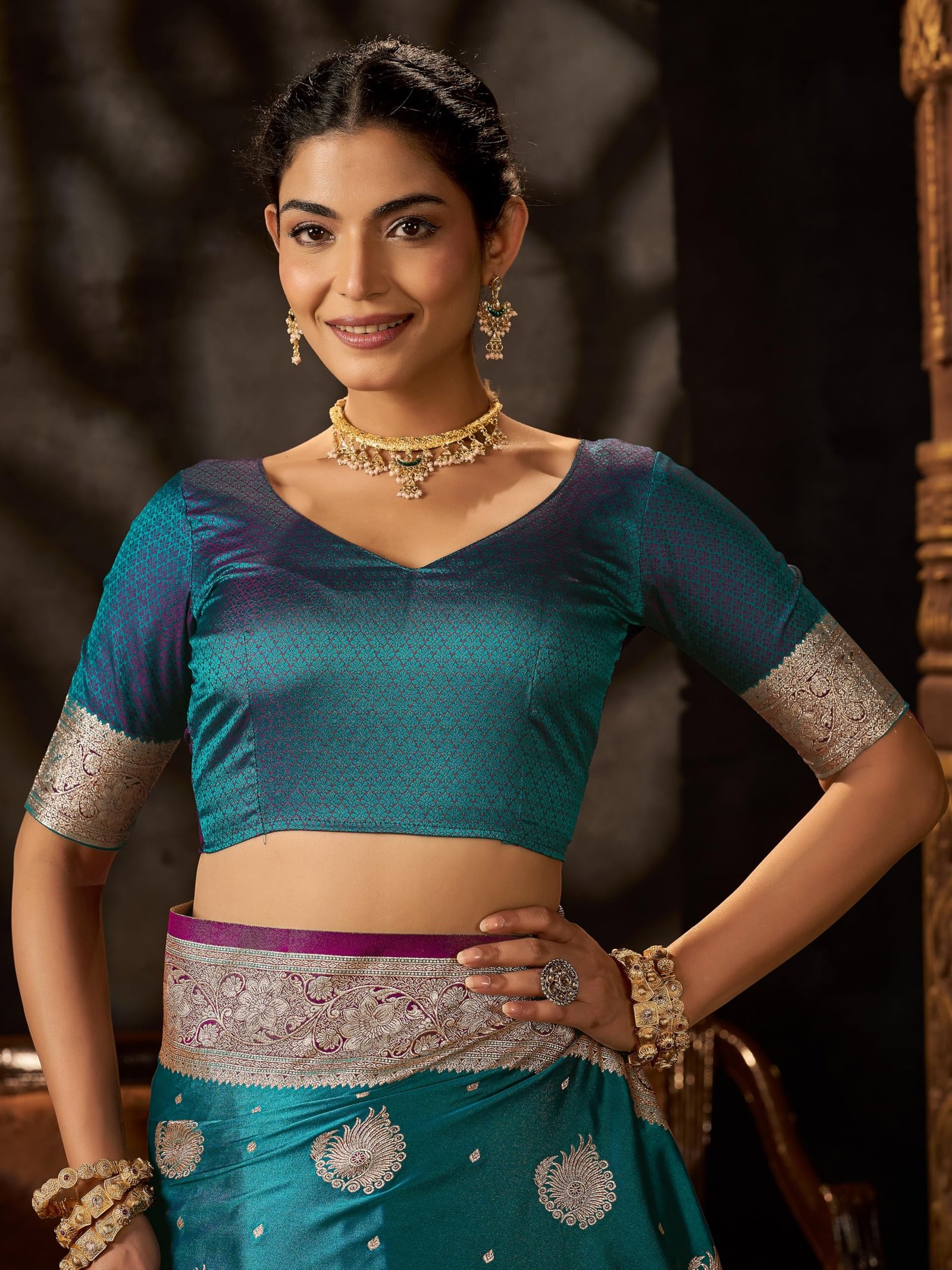 Women's Zari Titan Satin Banarasi Silk Saree For Wedding With Gold Zari Woven With Unstitched Blouse Piece - Image 9