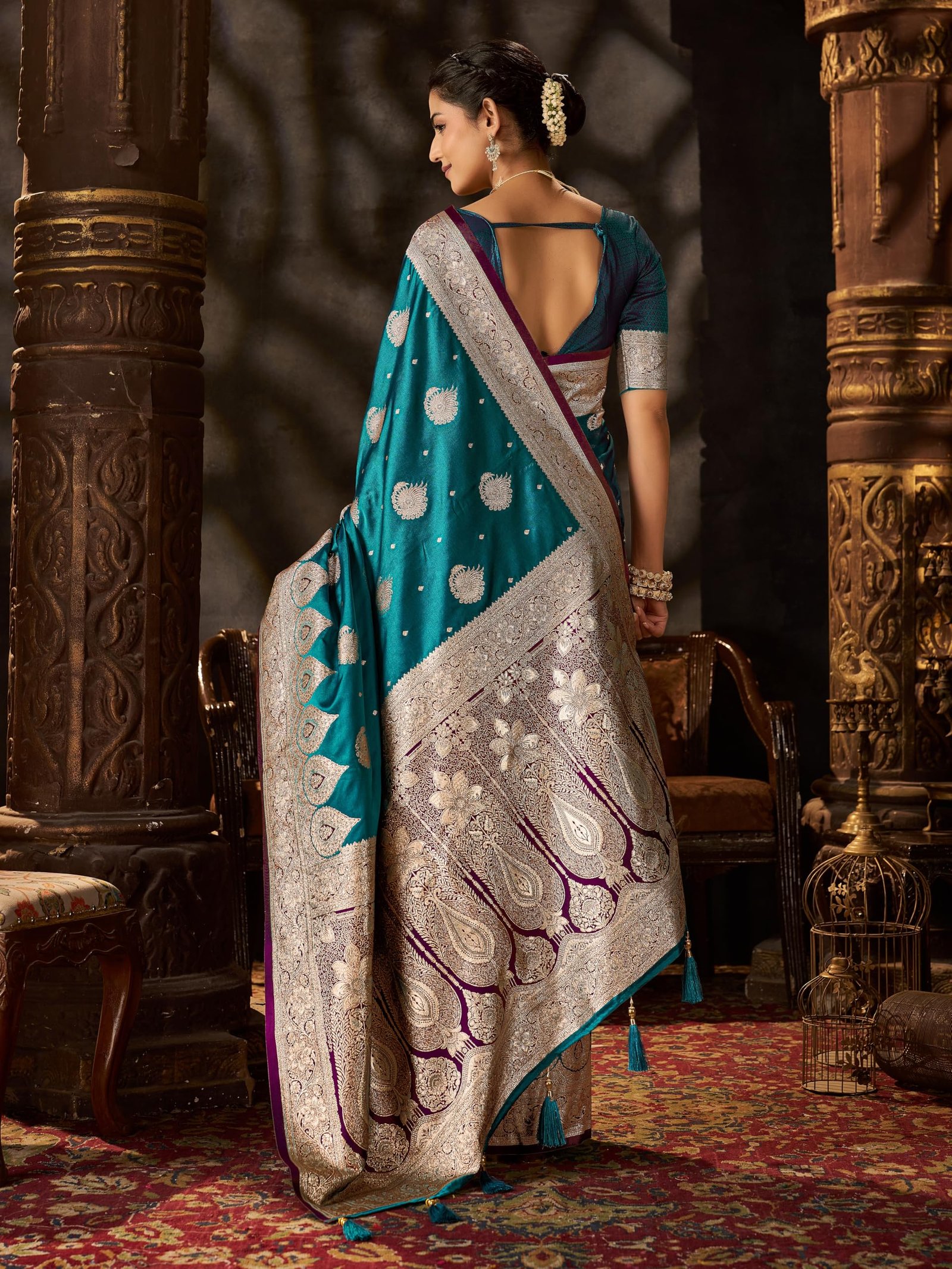 Women's Zari Titan Satin Banarasi Silk Saree For Wedding With Gold Zari Woven With Unstitched Blouse Piece - Image 7