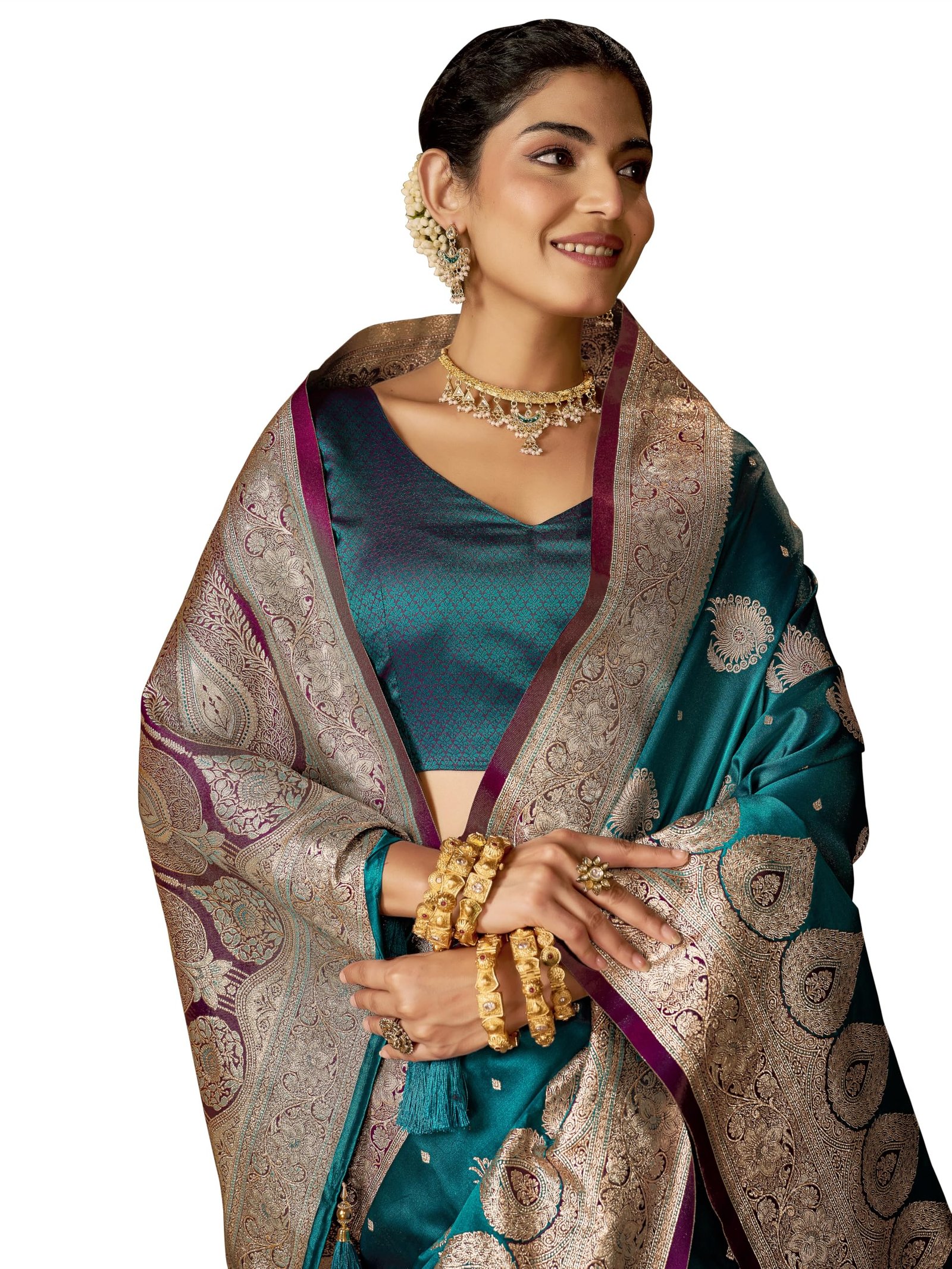 Women's Zari Titan Satin Banarasi Silk Saree For Wedding With Gold Zari Woven With Unstitched Blouse Piece