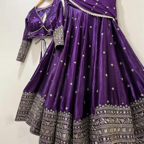 Women's Embroidered Malai Satin Silk Lehenga Choli Dupatta Set Semi-Stitched Blouse and Fit & Flare Style