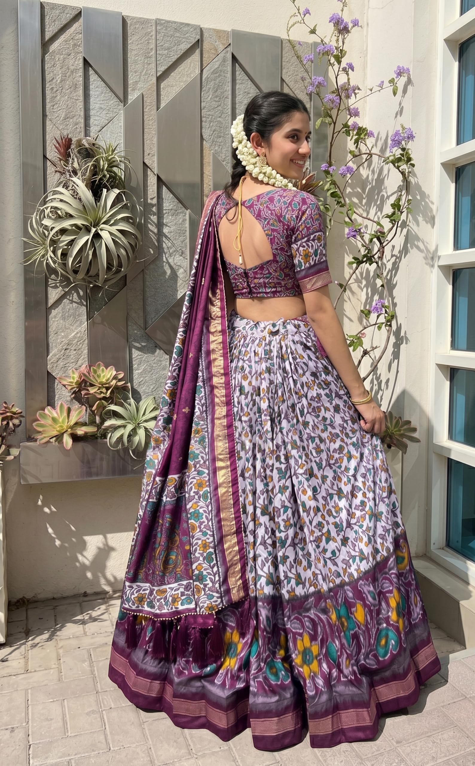 Women's Trending Designeer Tussar Silk Lehenga Choli Print with Foil Work With Unstitched Blouse Patola Print Adorned with Foil Work For Navrati || Wedding || Festival (1217 PURPLE) - Image 3