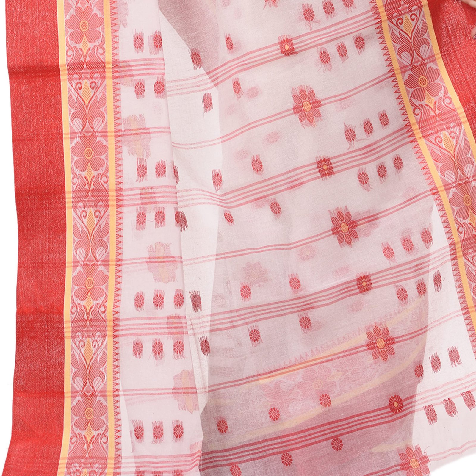 Women's Tant Cotton Saree Without Blouse Piece (Dbphulkoli060822_White Red) - Image 4