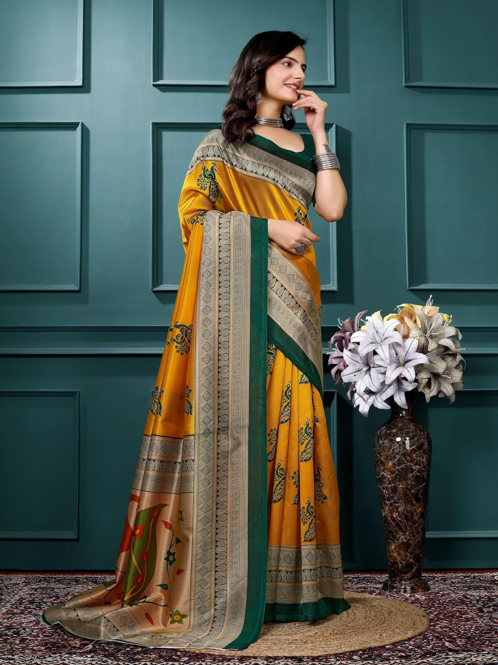 Self design Paithani Art Silk saree(3198_Mor_Green_Yellow_New) - Image 3