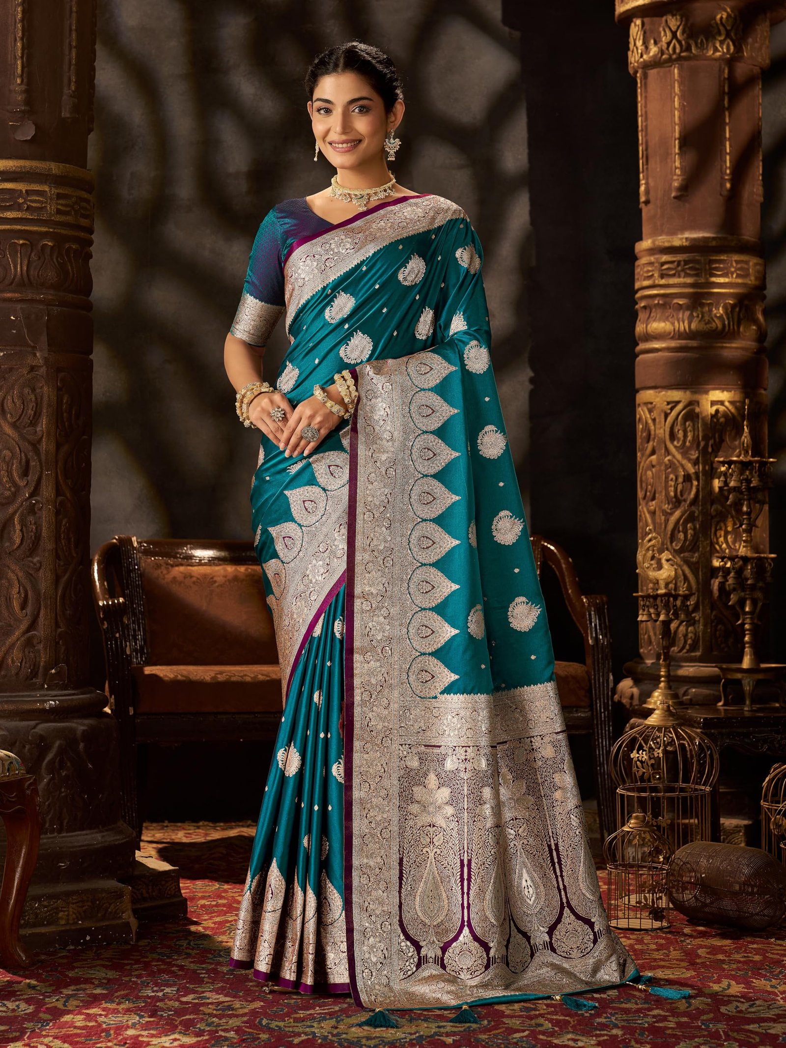 Women's Zari Titan Satin Banarasi Silk Saree For Wedding With Gold Zari Woven With Unstitched Blouse Piece - Image 2
