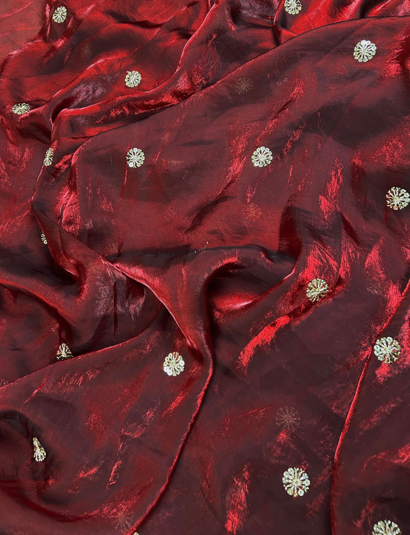 Women's Soft Fandy Satin Embroidered Saree with Sequin Work and Matching Dupion Blouse Piece (Maroon) - Image 5